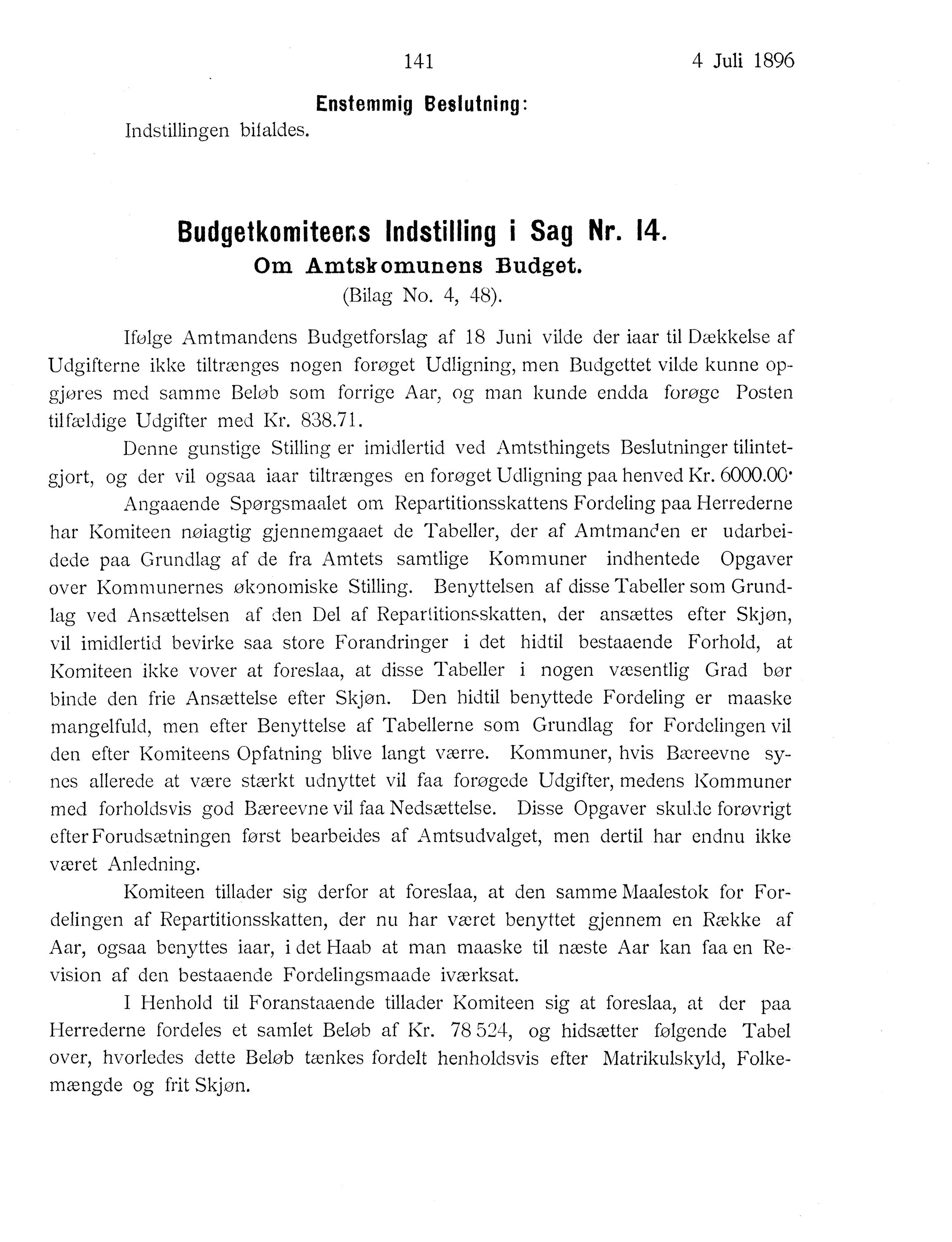 Nordland Fylkeskommune. Fylkestinget, AIN/NFK-17/176/A/Ac/L0019: Fylkestingsforhandlinger 1896, 1896