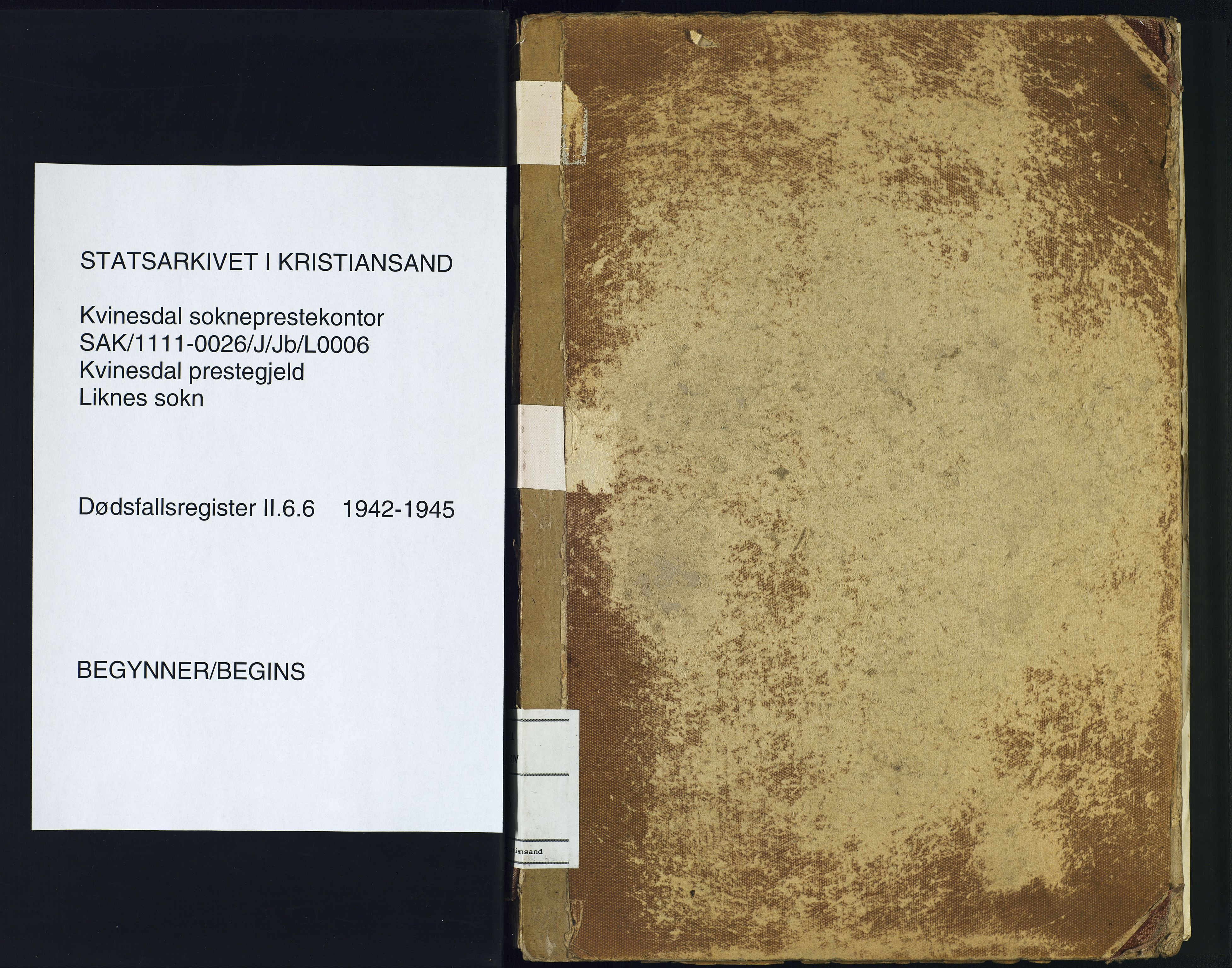 Kvinesdal sokneprestkontor, AV/SAK-1111-0026/J/Jb/L0006: II.6.6 - Dødsfallsregister Liknes, 1942-1945