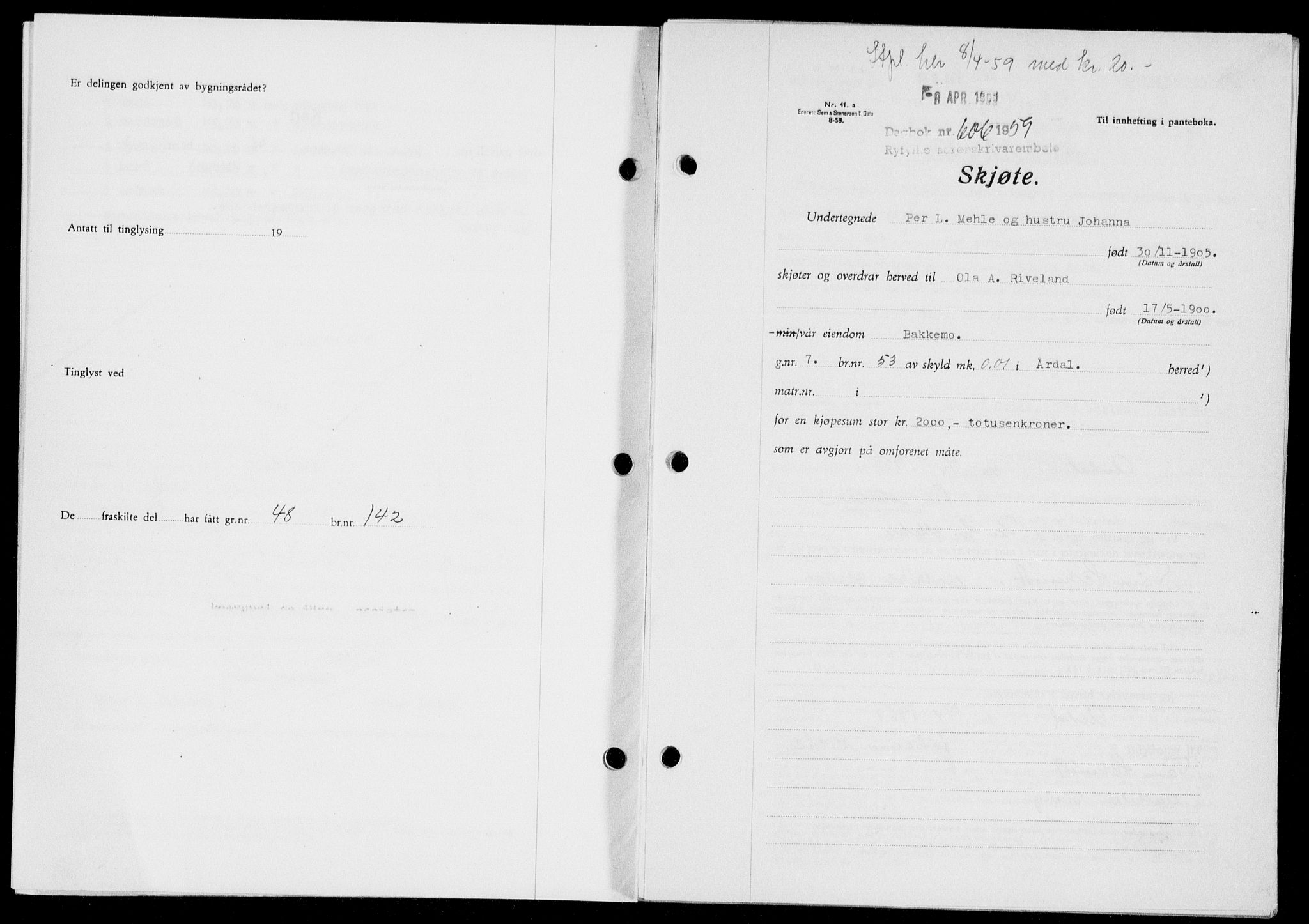 Ryfylke tingrett, SAST/A-100055/001/II/IIB/L0146: Pantebok nr. 125, 1965-1959, Dagboknr: 606/1959