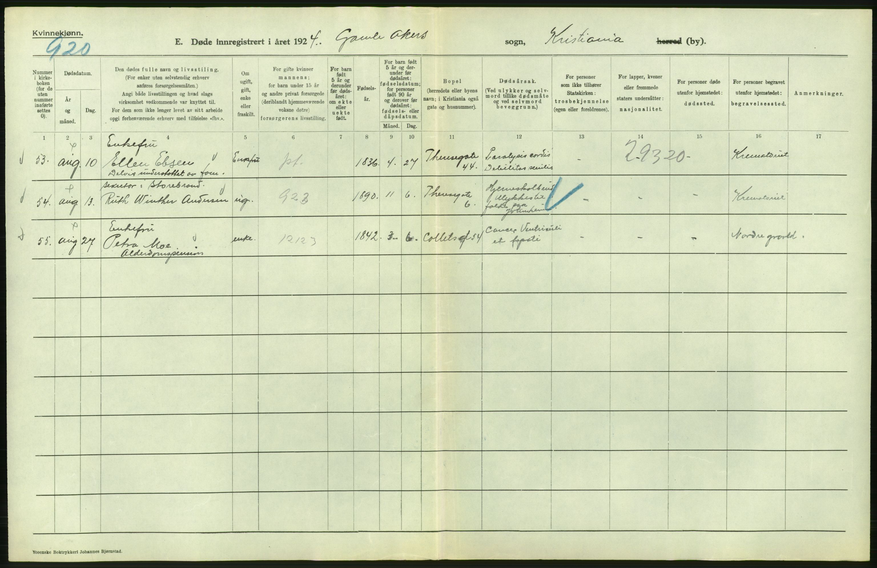 Statistisk sentralbyrå, Sosiodemografiske emner, Befolkning, AV/RA-S-2228/D/Df/Dfc/Dfcd/L0009: Kristiania: Døde kvinner, dødfødte, 1924, s. 208