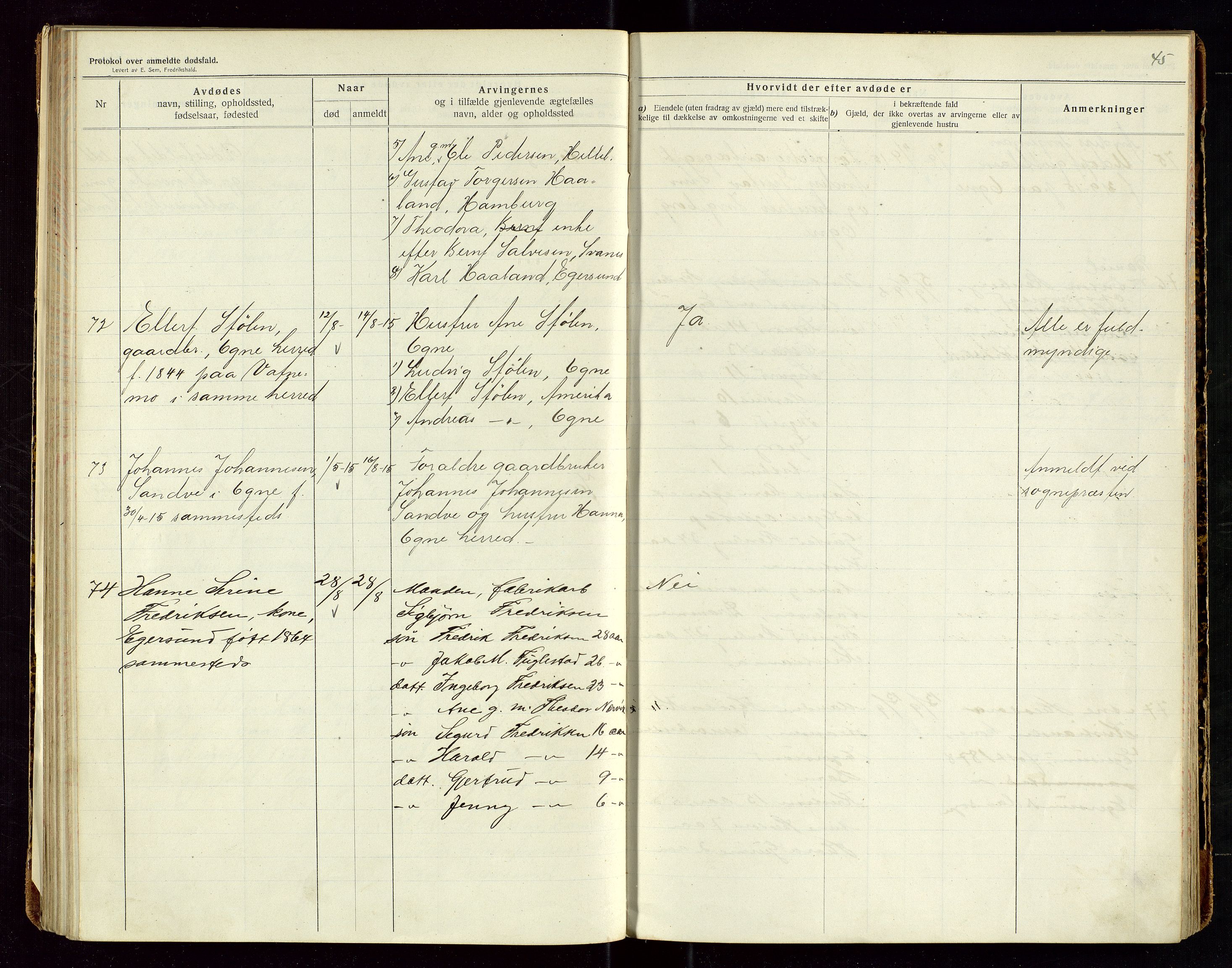 Eigersund lensmannskontor, AV/SAST-A-100171/Gga/L0006: "Protokol over anmeldte dødsfald" m/alfabetisk navneregister, 1914-1917, s. 45