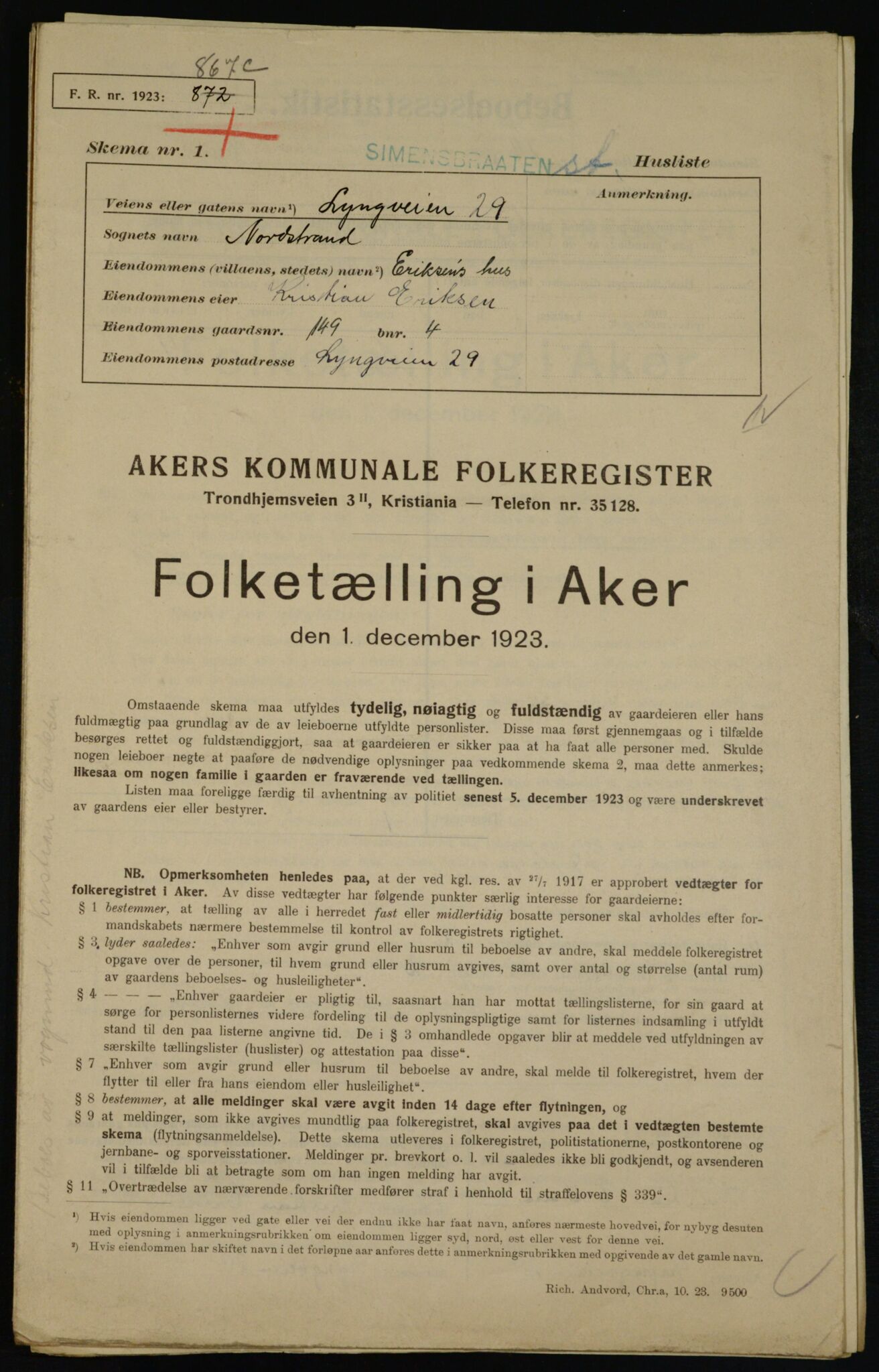 , Kommunal folketelling 1.12.1923 for Aker, 1923, s. 41990