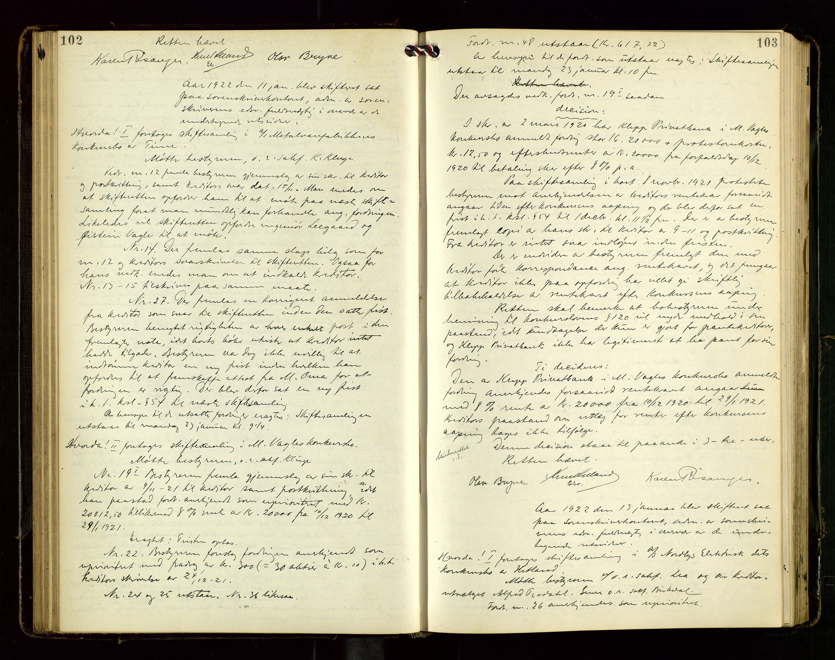 Jæren sorenskriveri, AV/SAST-A-100310/02/G/Gc/L0001: Skifteforhandlingsprotokoll nr. 7 - konkurs, 1921-1926, s. 102-103