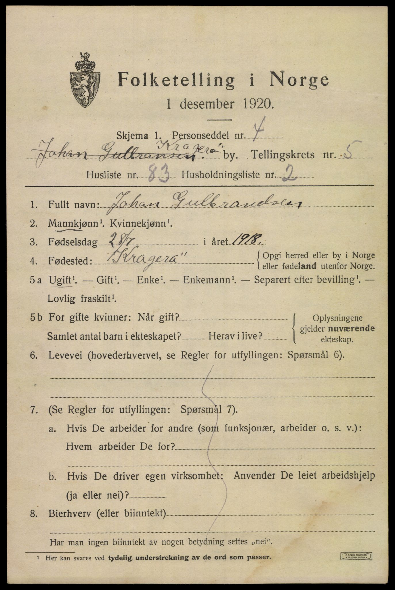 SAKO, Folketelling 1920 for 0801 Kragerø kjøpstad, 1920, s. 9017