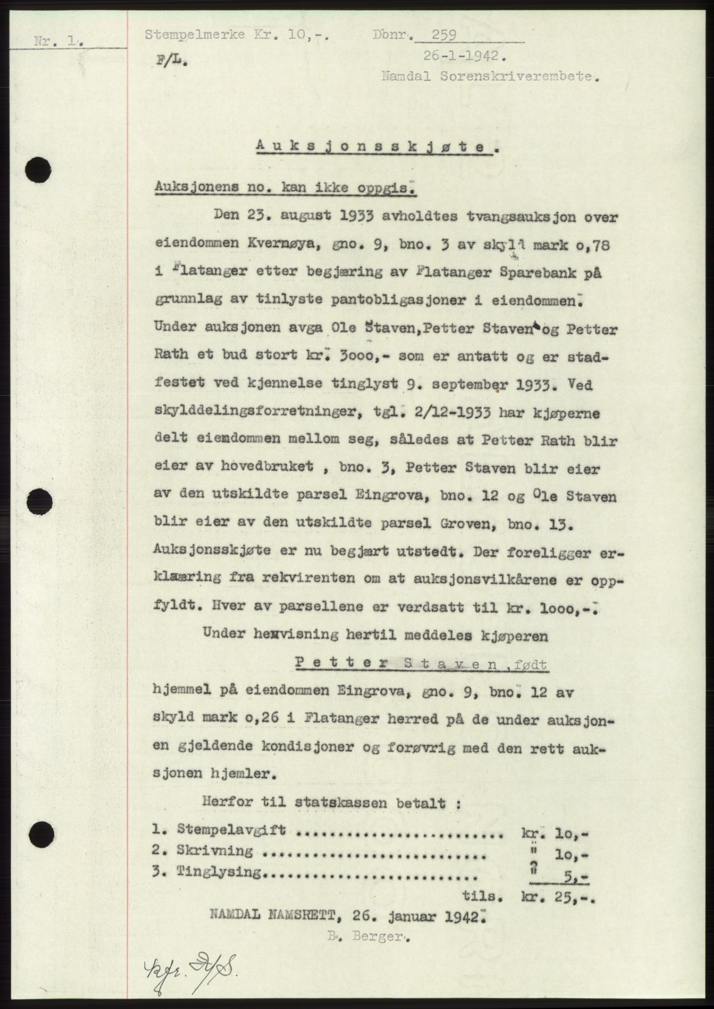 Namdal sorenskriveri, SAT/A-4133/1/2/2C: Pantebok nr. -, 1941-1942, Dagboknr: 259/1942