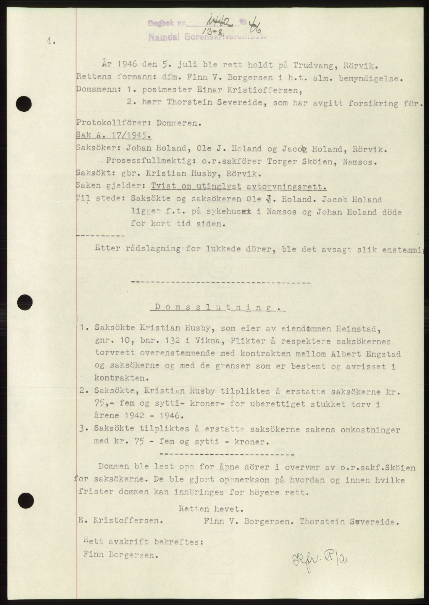 Namdal sorenskriveri, SAT/A-4133/1/2/2C: Pantebok nr. -, 1946-1946, Dagboknr: 1442/1946