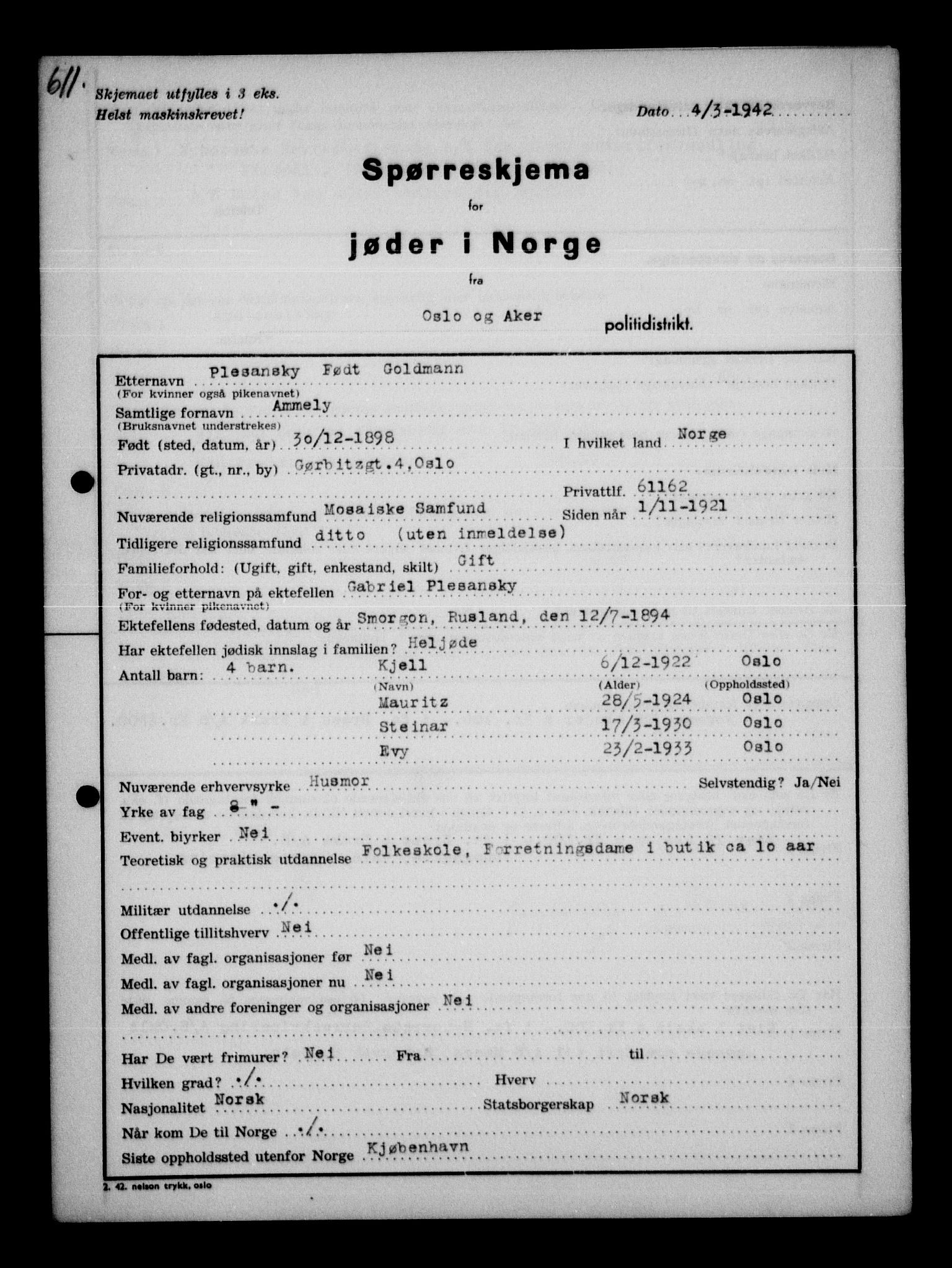 Statspolitiet - Hovedkontoret / Osloavdelingen, AV/RA-S-1329/G/Ga/L0011: Spørreskjema for jøder i Norge. 1: Oslo 610-806 (Plavnik-Zwillinger). 2: Aker 1-113 (Adler-Lewin). , 1942, s. 6