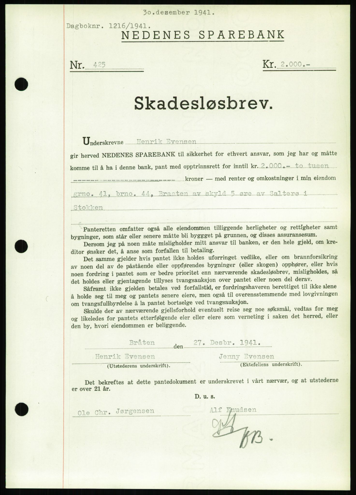 Nedenes sorenskriveri, SAK/1221-0006/G/Gb/Gbb/L0001: Pantebok nr. I, 1939-1942, Dagboknr: 1216/1941