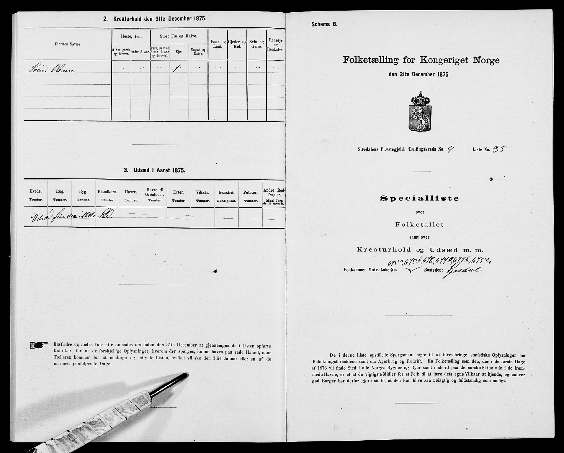 SAK, Folketelling 1875 for 1046P Sirdal prestegjeld, 1875, s. 403