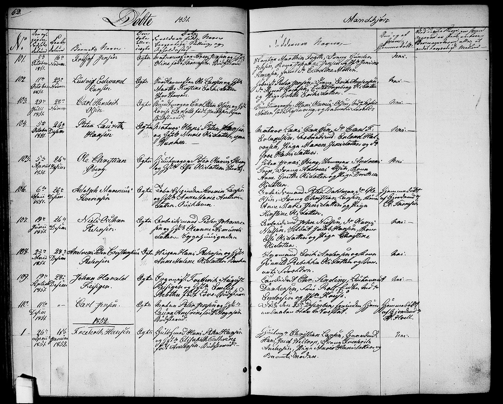 Halden prestekontor Kirkebøker, AV/SAO-A-10909/G/Ga/L0004: Klokkerbok nr. 4, 1845-1854, s. 62