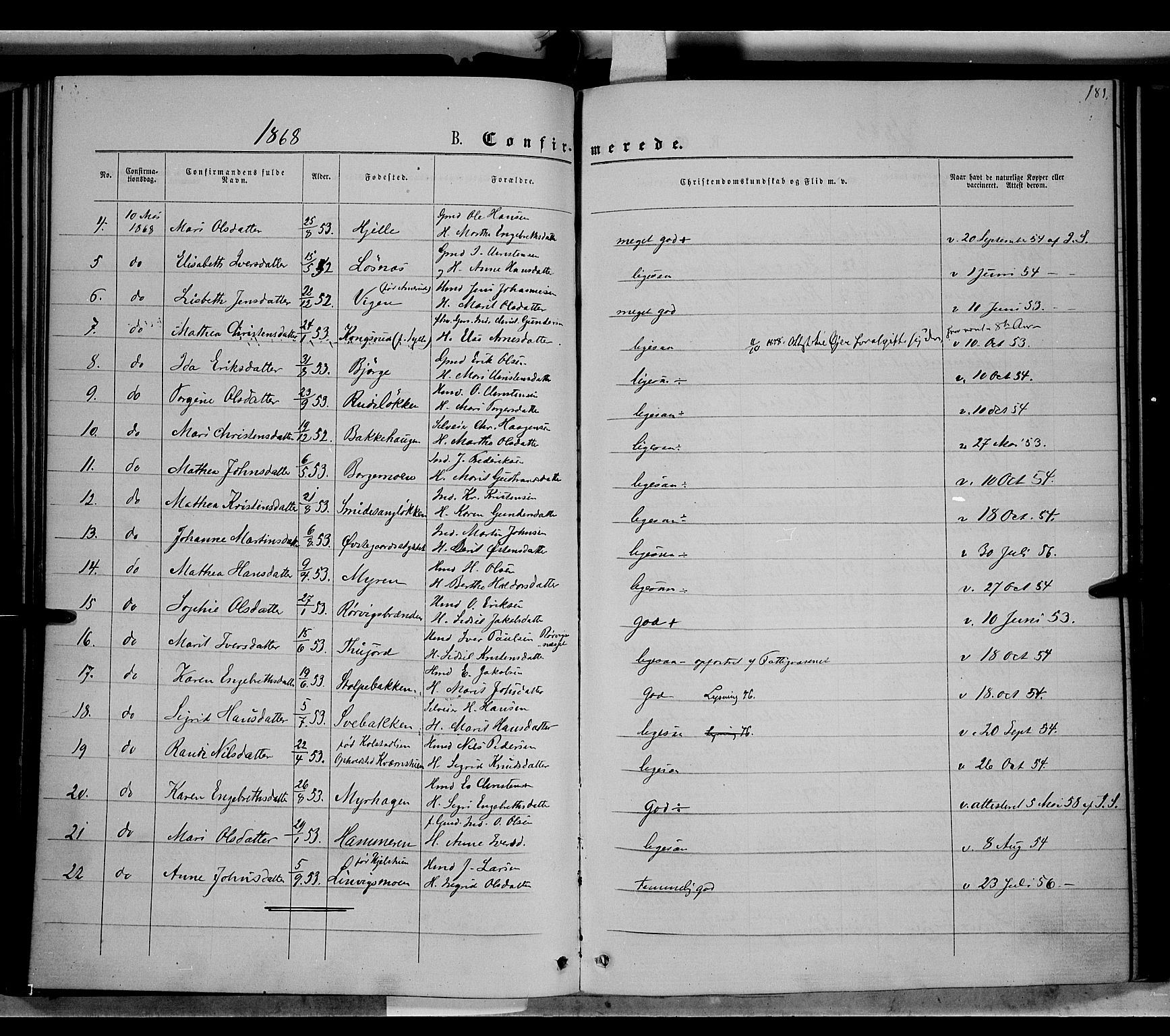 Ringebu prestekontor, AV/SAH-PREST-082/H/Ha/Haa/L0007: Ministerialbok nr. 7, 1860-1877, s. 181