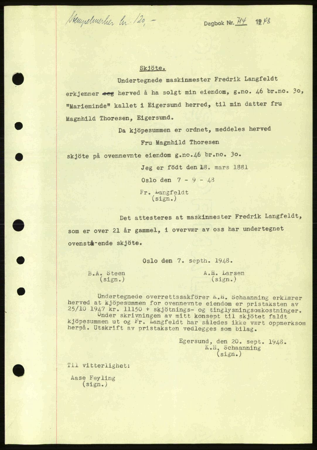 Dalane sorenskriveri, SAST/A-100309/02/G/Gb/L0051: Pantebok nr. A11, 1947-1948, Dagboknr: 714/1948