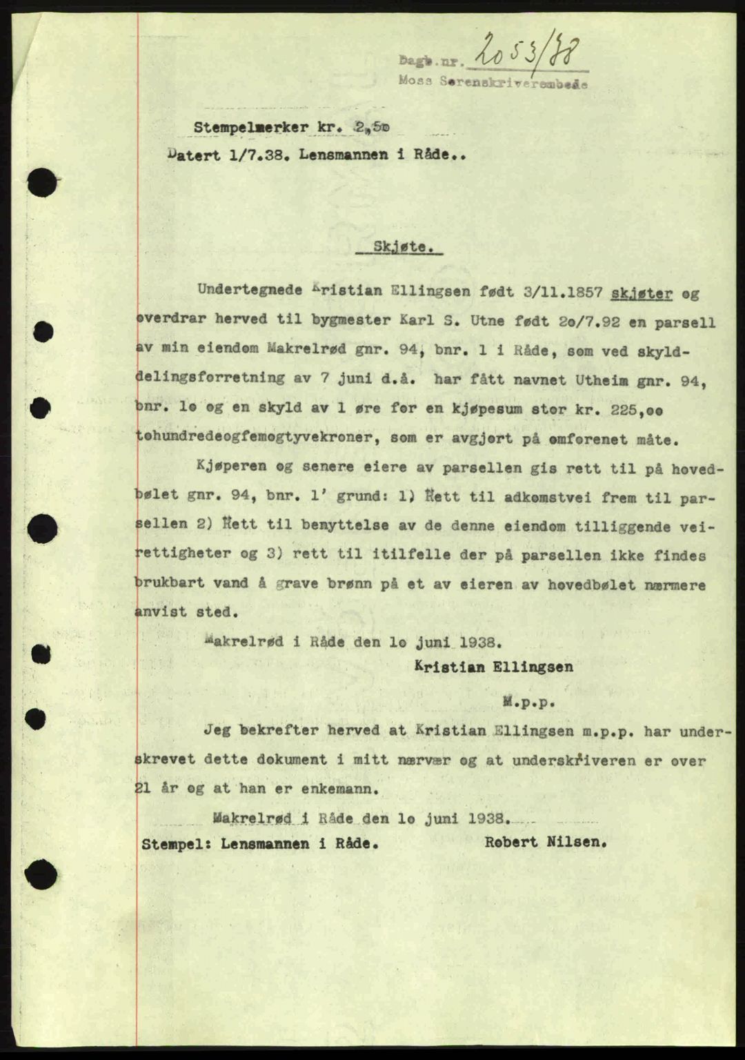 Moss sorenskriveri, SAO/A-10168: Pantebok nr. A4, 1938-1938, Dagboknr: 2053/1938