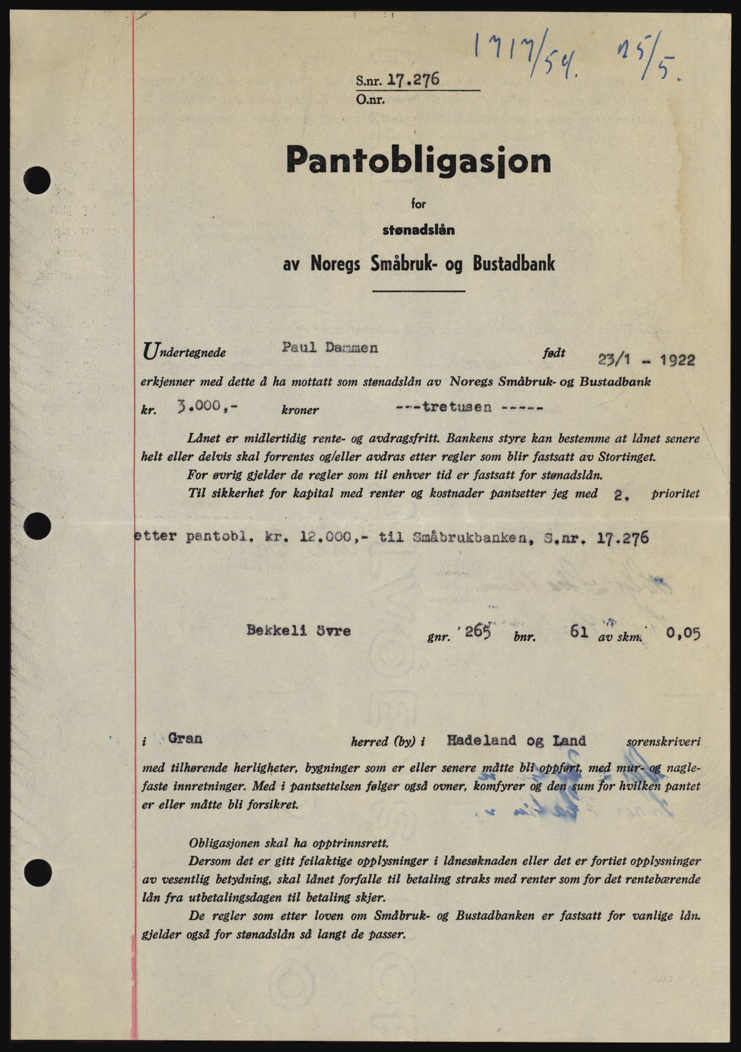 Hadeland og Land tingrett, SAH/TING-010/H/Hb/Hbc/L0029: Pantebok nr. B29, 1954-1954, Dagboknr: 1717/1954