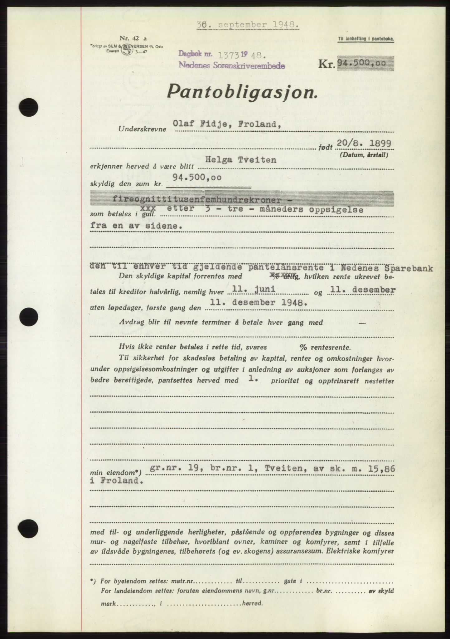 Nedenes sorenskriveri, AV/SAK-1221-0006/G/Gb/Gbb/L0005: Pantebok nr. B5, 1948-1948, Dagboknr: 1373/1948