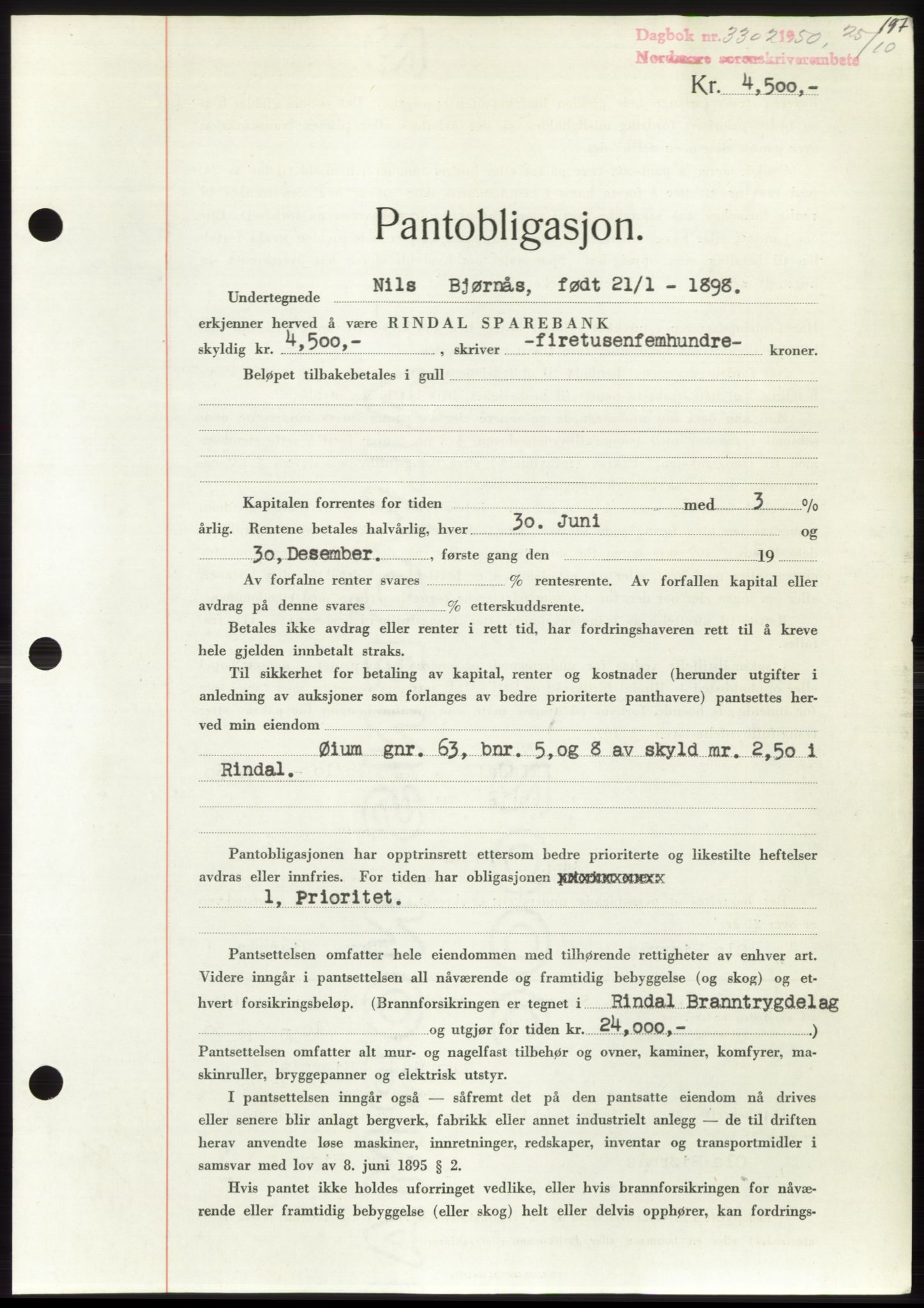 Nordmøre sorenskriveri, SAT/A-4132/1/2/2Ca: Pantebok nr. B106, 1950-1950, Dagboknr: 3302/1950
