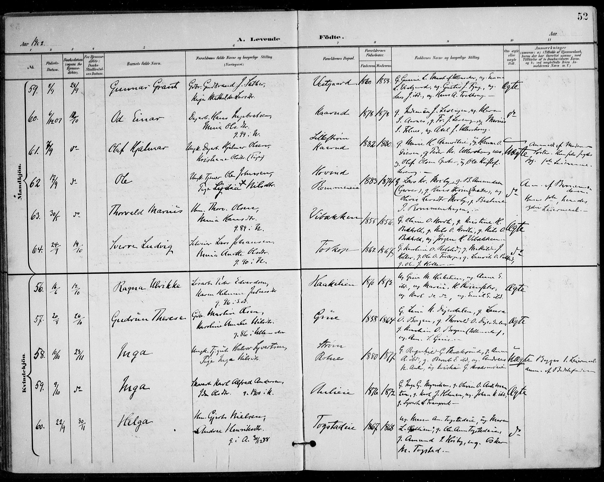 Nes prestekontor Kirkebøker, AV/SAO-A-10410/F/Fa/L0011: Ministerialbok nr. I 11, 1899-1918, s. 52