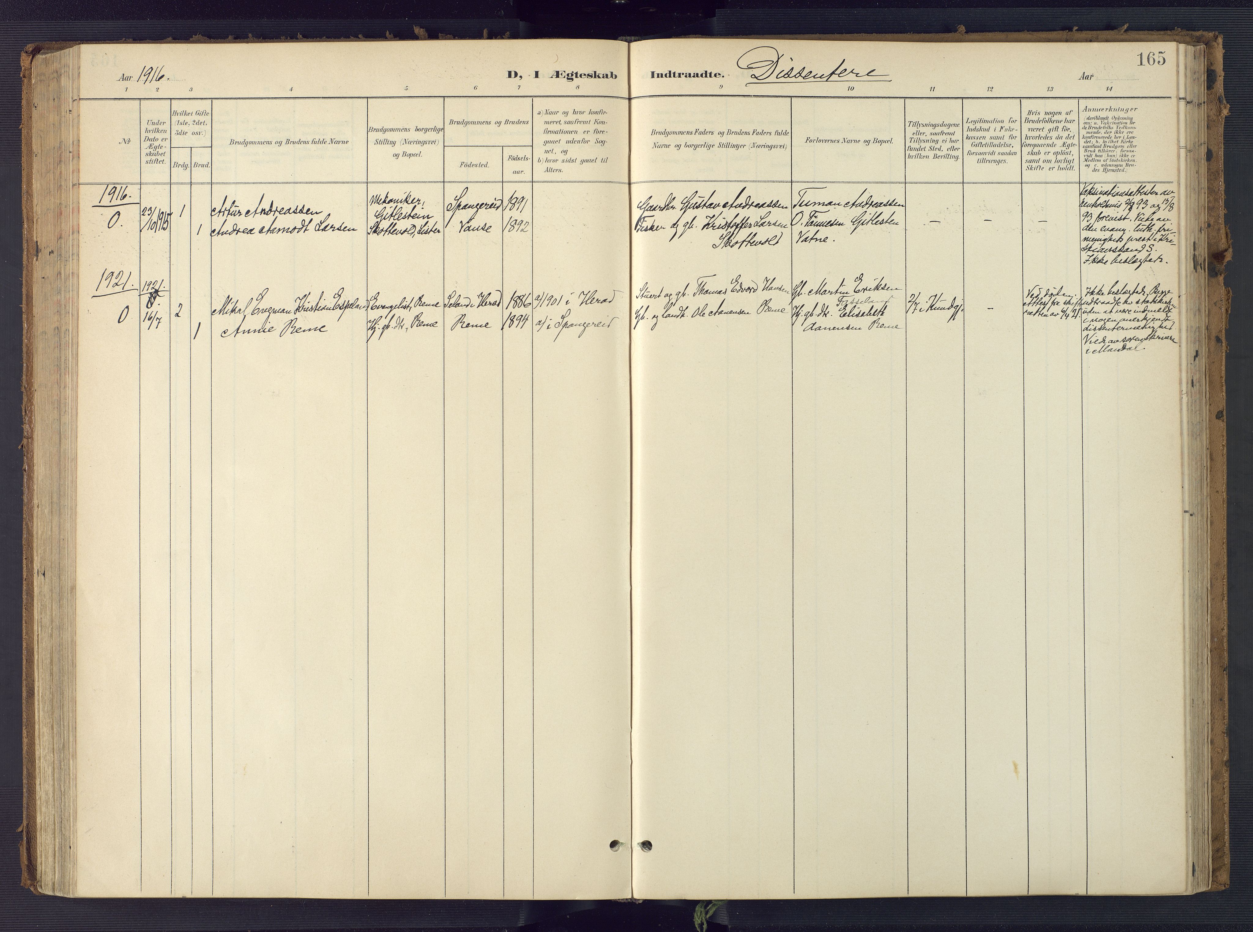 Sør-Audnedal sokneprestkontor, AV/SAK-1111-0039/F/Fa/Faa/L0005: Ministerialbok nr. A 5, 1900-1923, s. 165