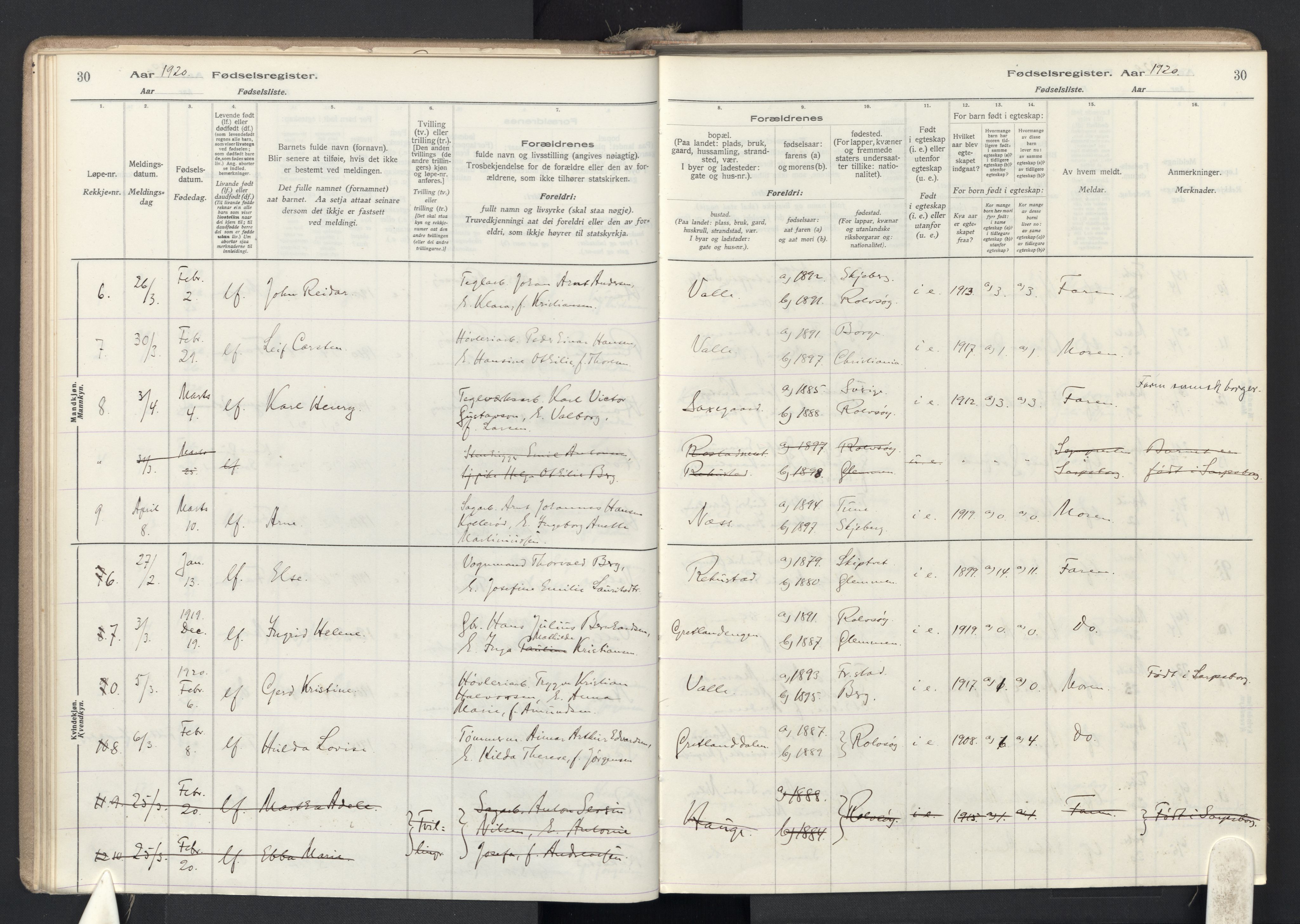 Rolvsøy prestekontor Kirkebøker, AV/SAO-A-2004/J/Ja/L0001: Fødselsregister nr. 1, 1916-1946, s. 30