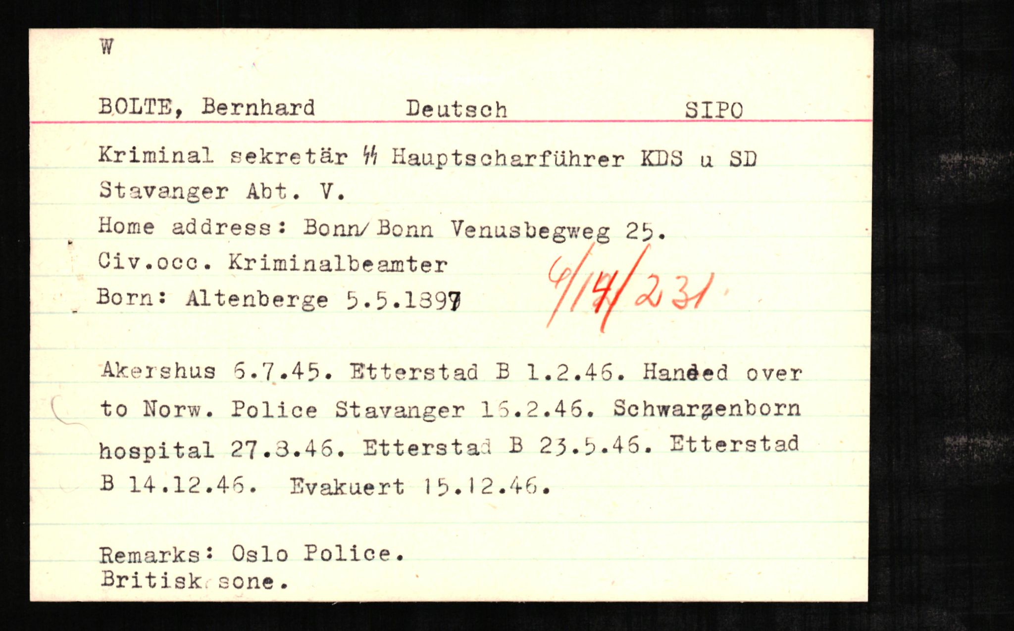 Forsvaret, Forsvarets overkommando II, RA/RAFA-3915/D/Db/L0003: CI Questionaires. Tyske okkupasjonsstyrker i Norge. Tyskere., 1945-1946, s. 565