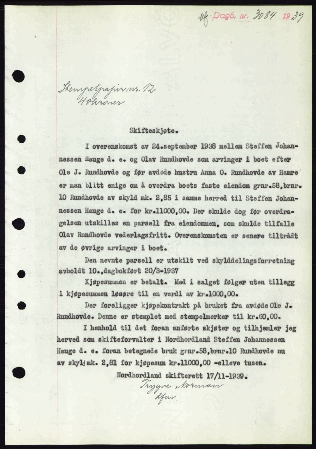 Nordhordland sorenskrivar, SAB/A-2901/1/G/Gb/Gbf/L0010: Pantebok nr. A10, 1939-1940, Dagboknr: 3084/1939