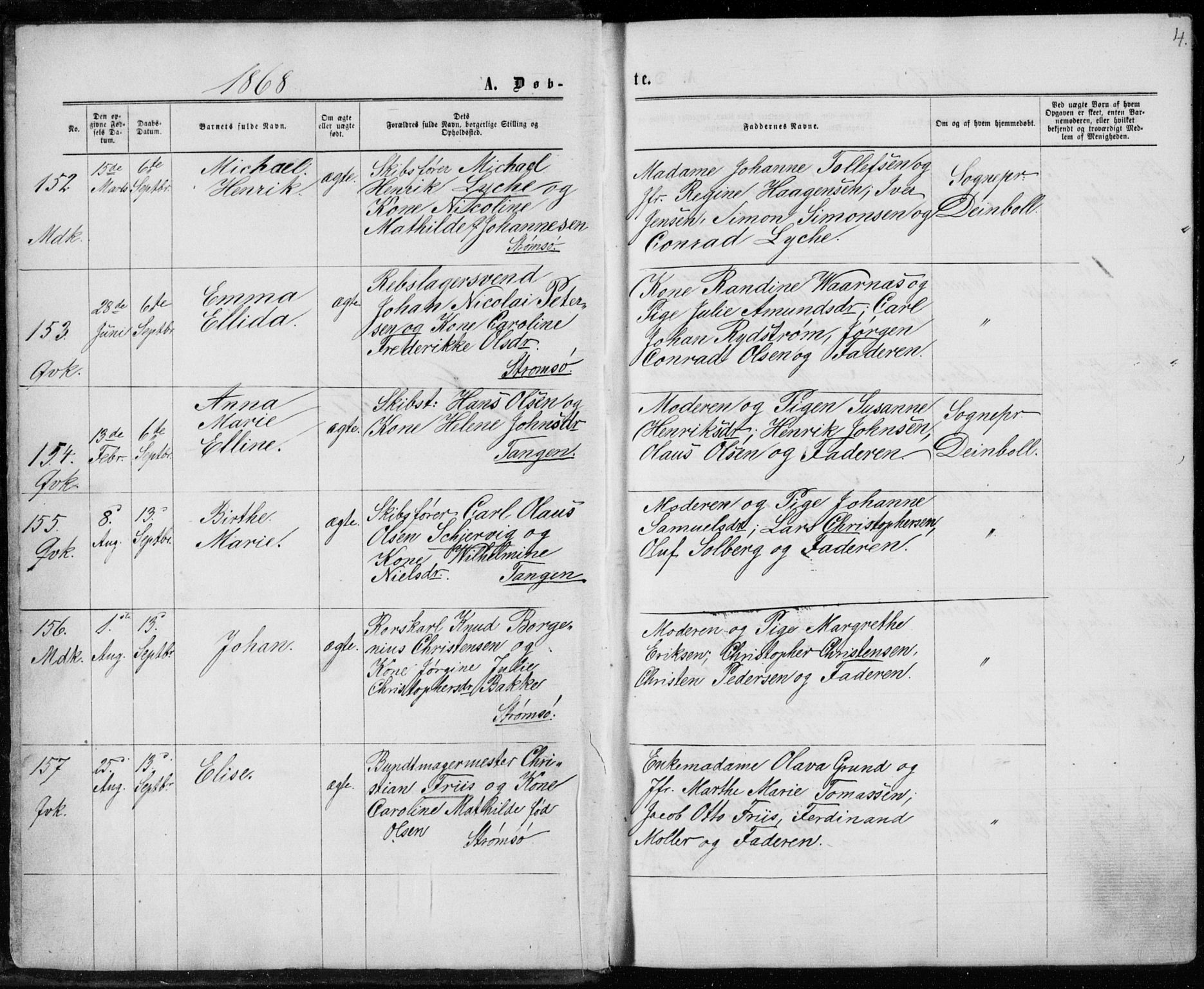 Strømsø kirkebøker, AV/SAKO-A-246/F/Fa/L0016: Ministerialbok nr. I 16, 1868-1873, s. 4