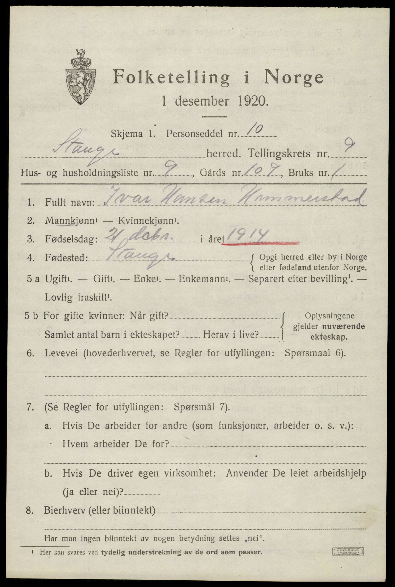 SAH, Folketelling 1920 for 0417 Stange herred, 1920, s. 14687