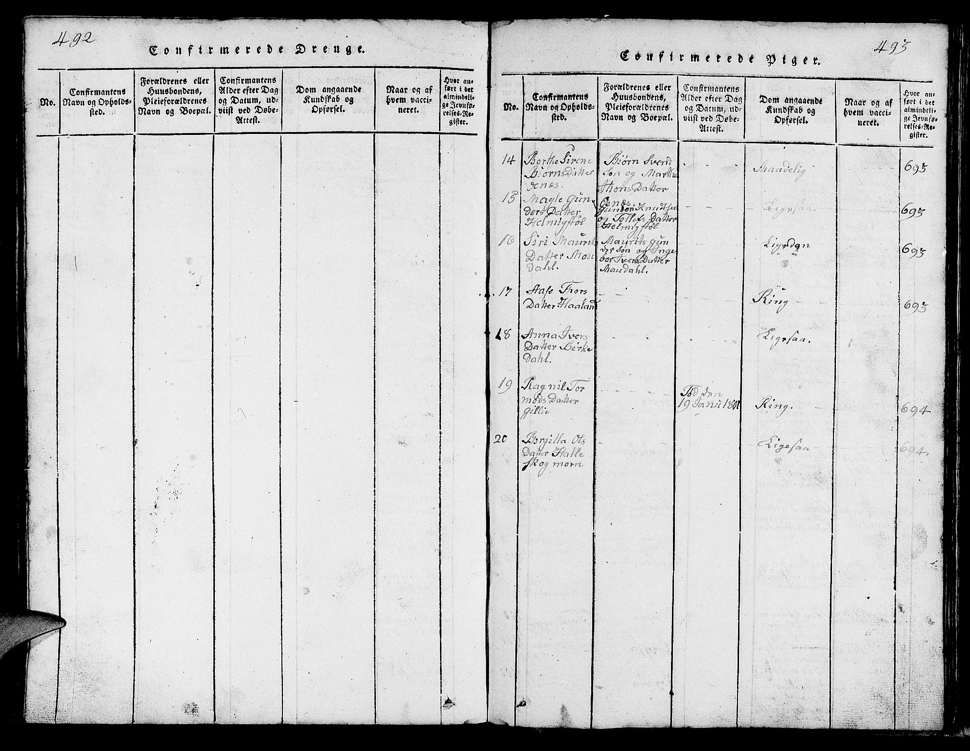 Strand sokneprestkontor, SAST/A-101828/H/Ha/Hab/L0002: Klokkerbok nr. B 2, 1816-1854, s. 492-493