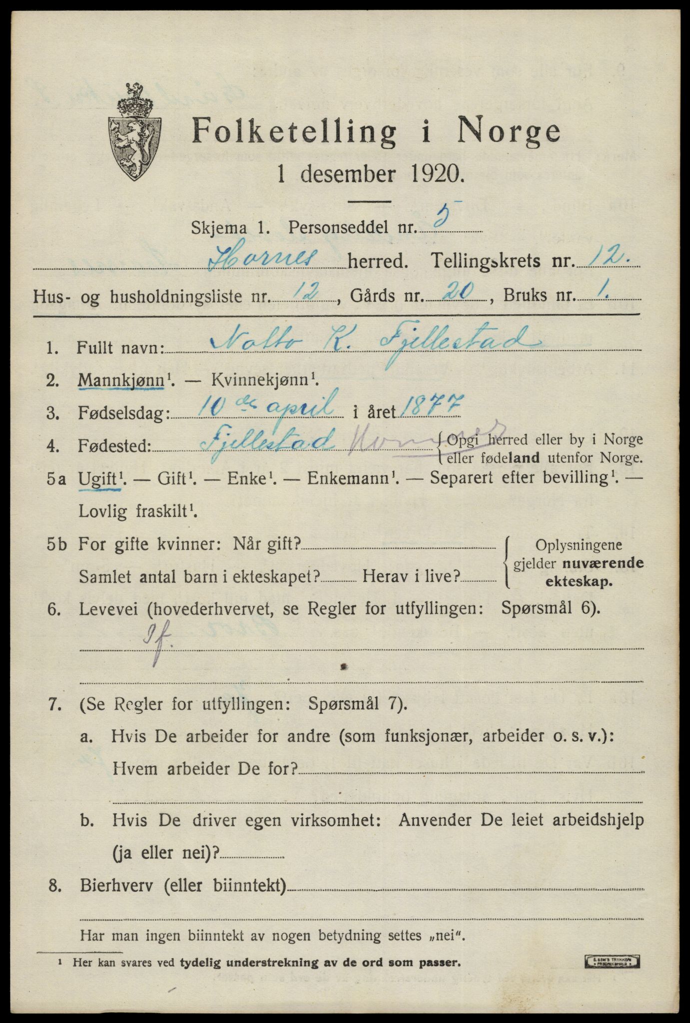 SAK, Folketelling 1920 for 0936 Hornnes herred, 1920, s. 3023
