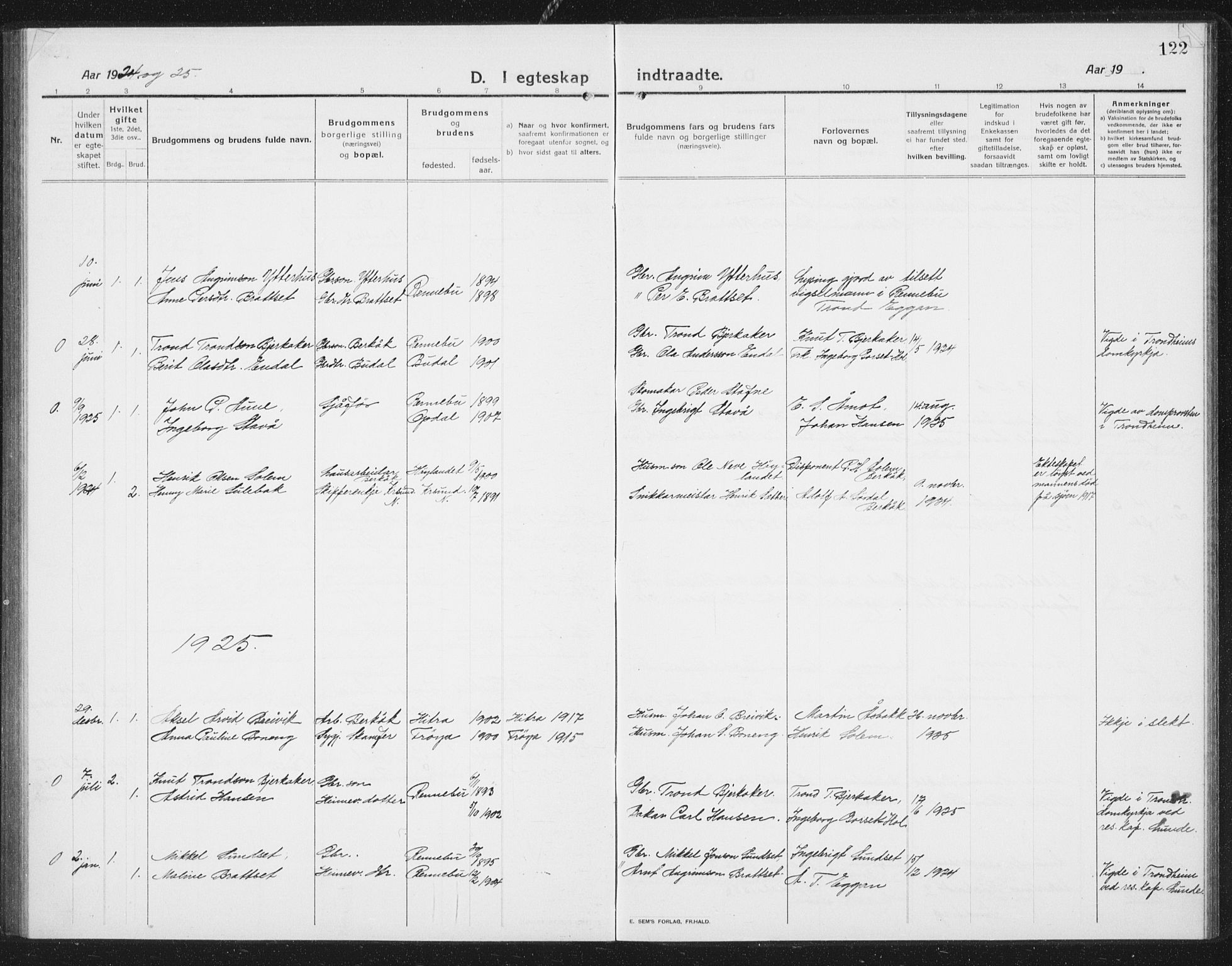 Ministerialprotokoller, klokkerbøker og fødselsregistre - Sør-Trøndelag, SAT/A-1456/675/L0888: Klokkerbok nr. 675C01, 1913-1935, s. 122