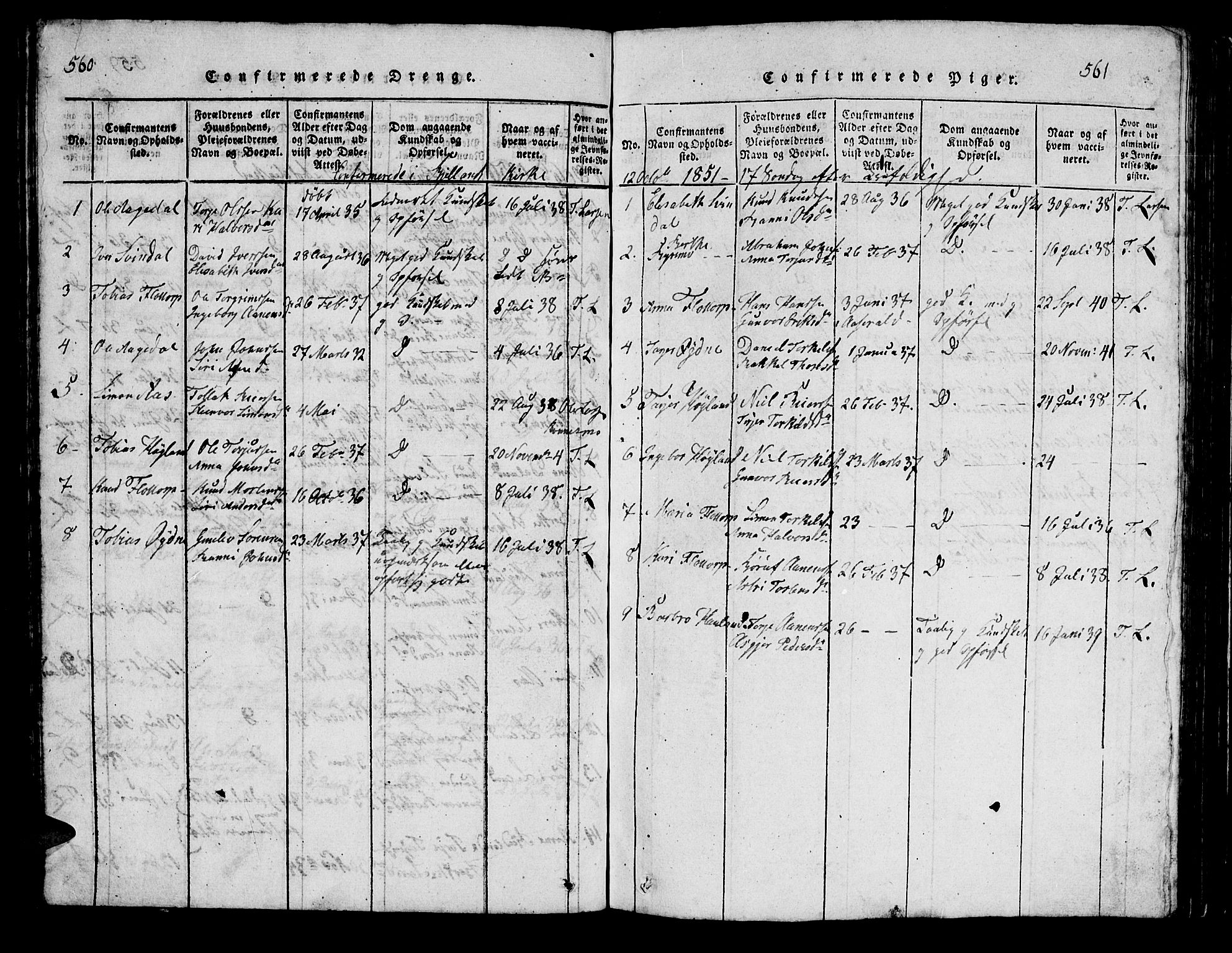 Bjelland sokneprestkontor, SAK/1111-0005/F/Fb/Fbc/L0001: Klokkerbok nr. B 1, 1815-1870, s. 560-561