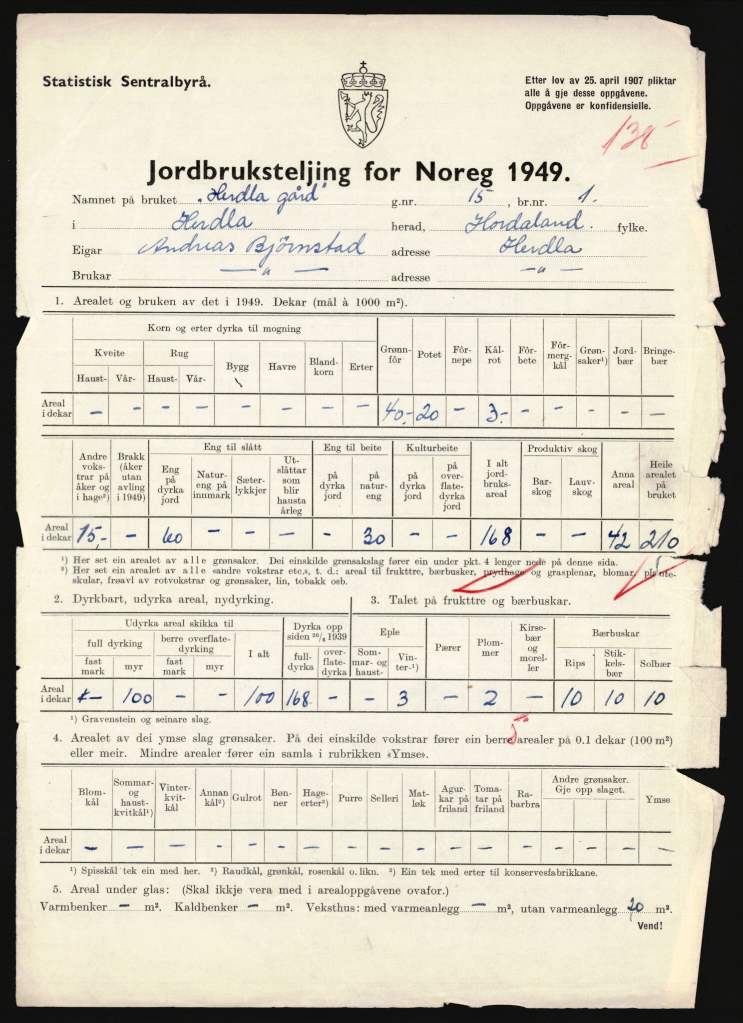 Statistisk sentralbyrå, Næringsøkonomiske emner, Jordbruk, skogbruk, jakt, fiske og fangst, AV/RA-S-2234/G/Gc/L0276: Hordaland: Herdla og Hjelme, 1949, s. 1108
