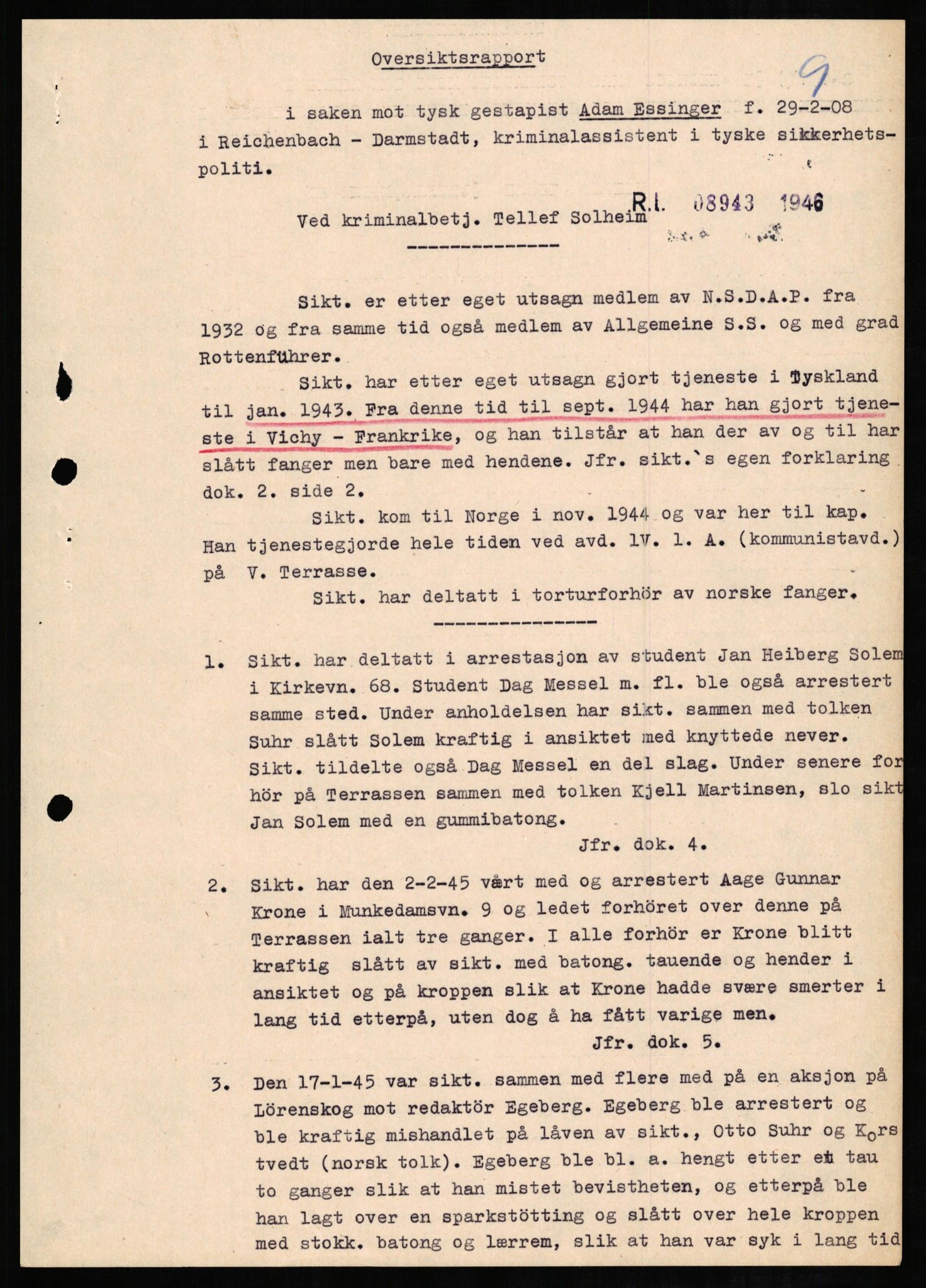 Forsvaret, Forsvarets overkommando II, RA/RAFA-3915/D/Db/L0007: CI Questionaires. Tyske okkupasjonsstyrker i Norge. Tyskere., 1945-1946, s. 315