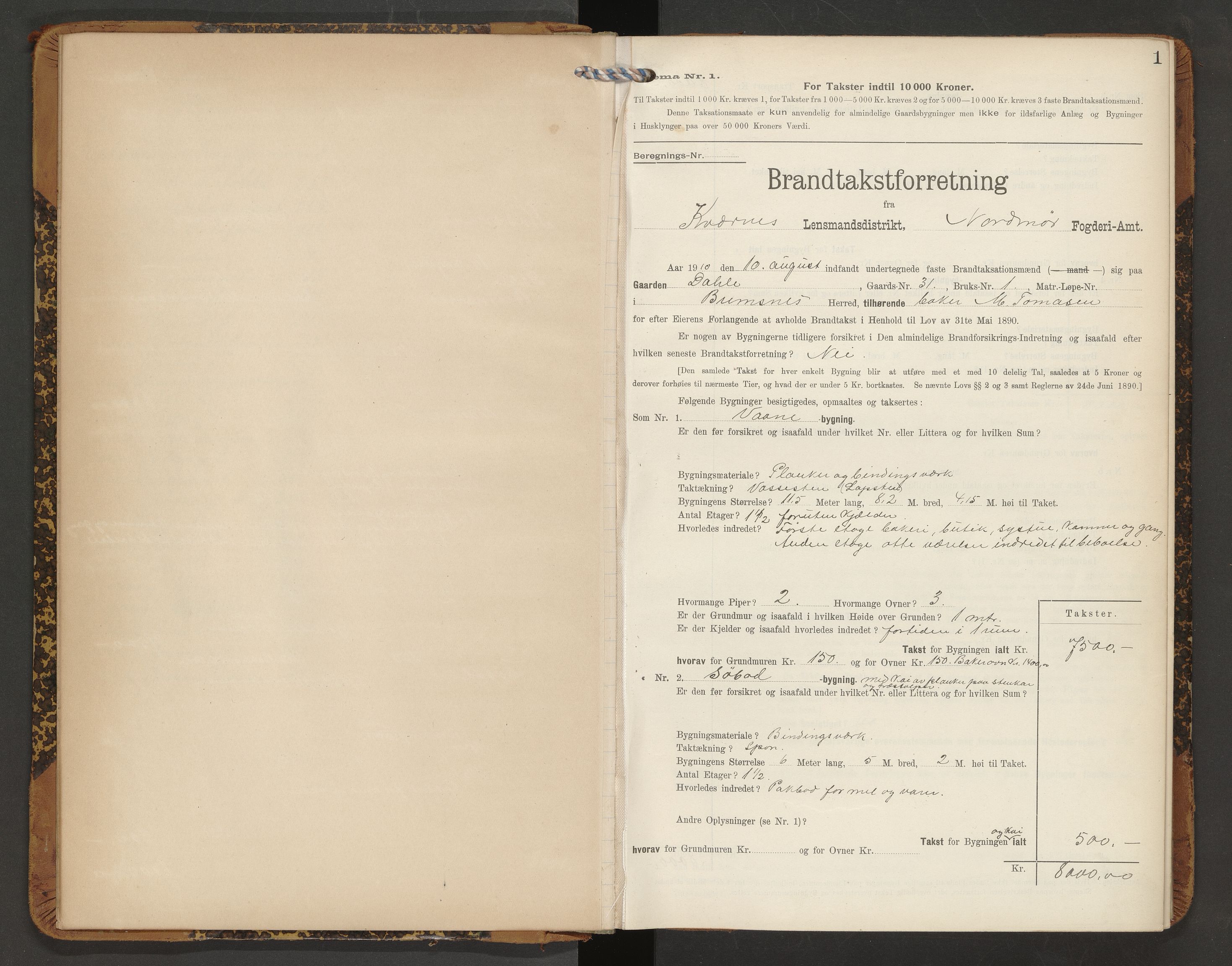 Norges Brannkasse Averøy og Frei, AV/SAT-A-5505/Fb/L0003: Branntakstprotokoll, 1910-1926, s. 1