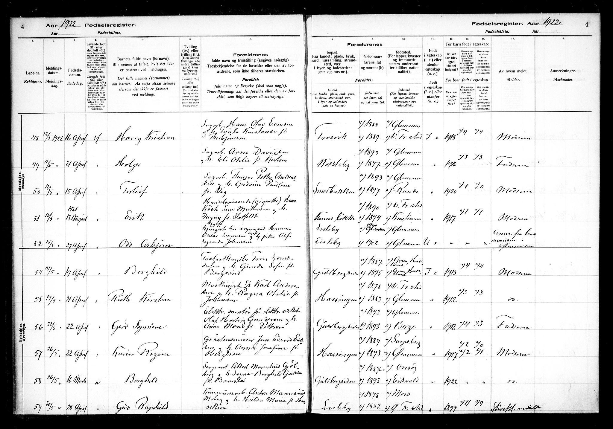 Glemmen prestekontor Kirkebøker, AV/SAO-A-10908/J/Ja/L0002: Fødselsregister nr. I 2, 1922-1929, s. 4