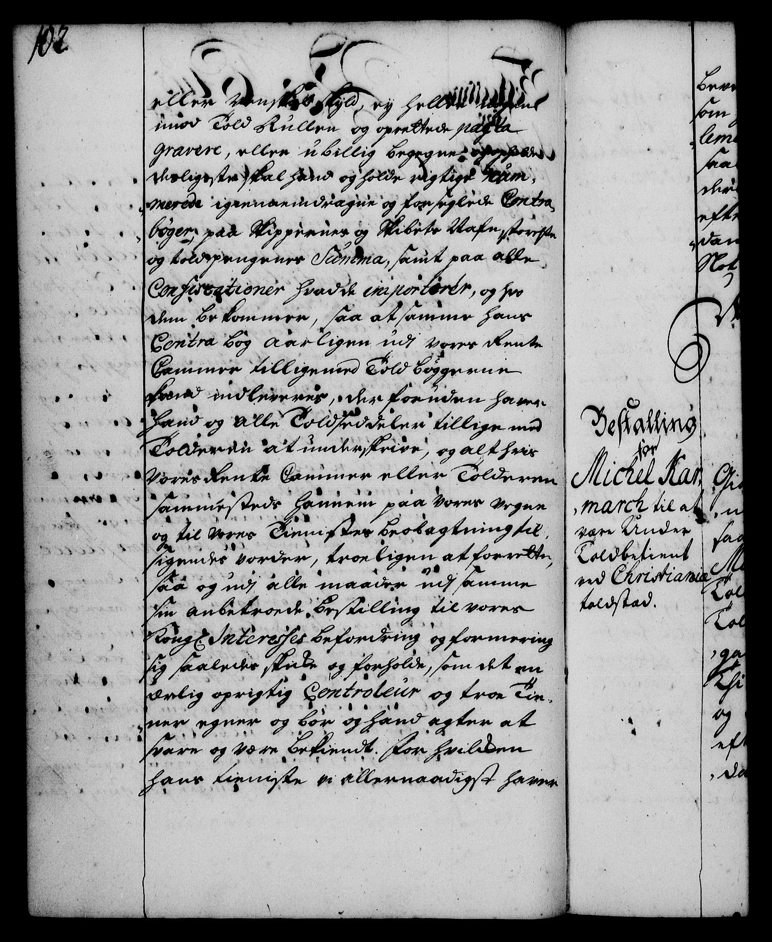 Rentekammeret, Kammerkanselliet, RA/EA-3111/G/Gg/Gge/L0002: Norsk bestallingsprotokoll med register (merket RK 53.26), 1730-1744, s. 102