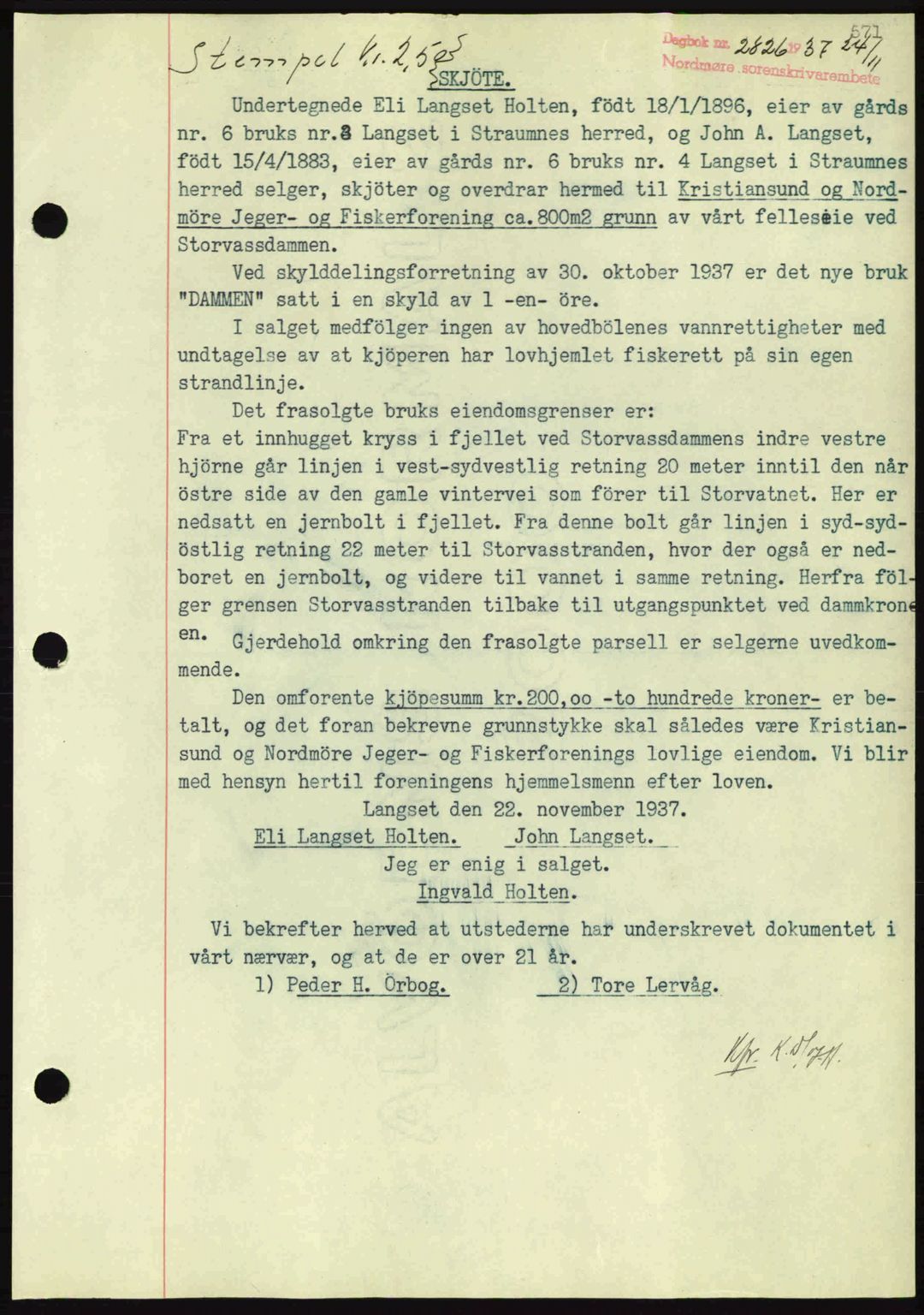 Nordmøre sorenskriveri, AV/SAT-A-4132/1/2/2Ca: Pantebok nr. A82, 1937-1938, Dagboknr: 2836/1937