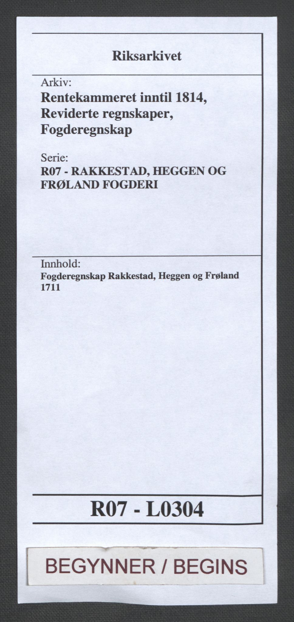 Rentekammeret inntil 1814, Reviderte regnskaper, Fogderegnskap, RA/EA-4092/R07/L0304: Fogderegnskap Rakkestad, Heggen og Frøland, 1711, s. 1