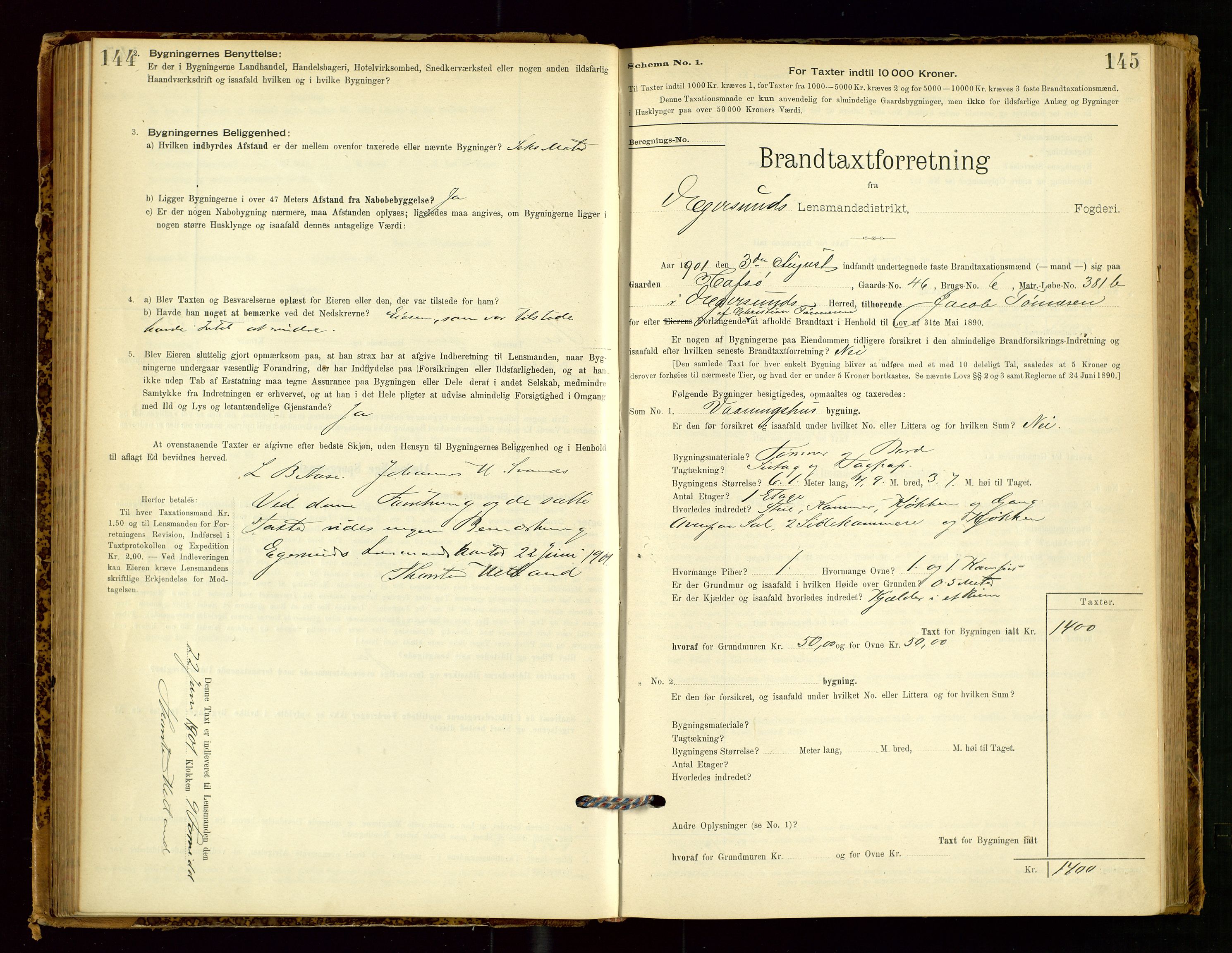 Eigersund lensmannskontor, AV/SAST-A-100171/Gob/L0001: Skjemaprotokoll, 1894-1909, s. 144-145