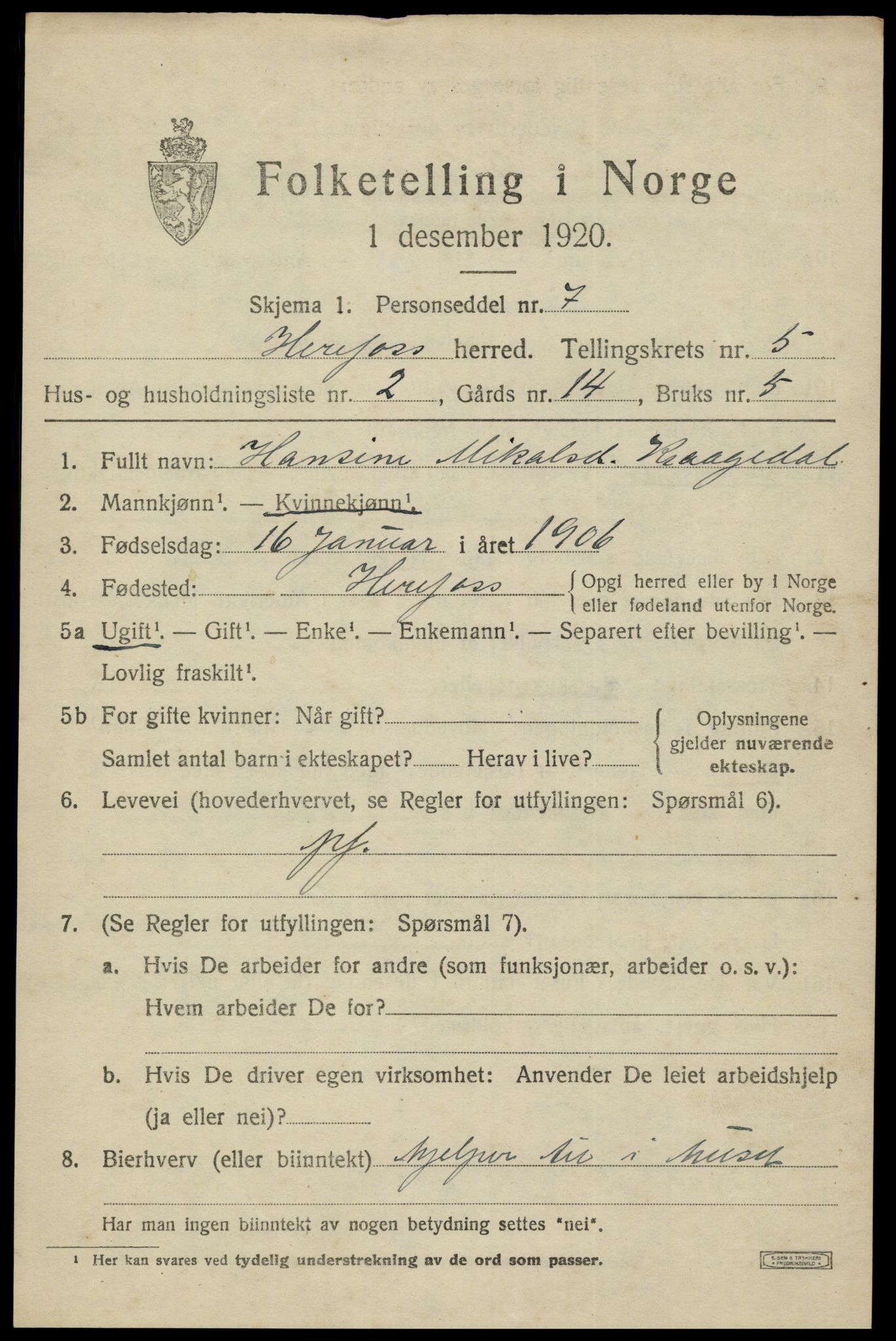 SAK, Folketelling 1920 for 0933 Herefoss herred, 1920, s. 940