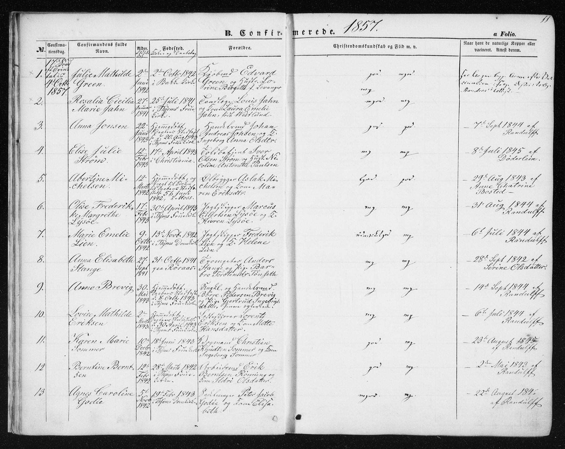 Ministerialprotokoller, klokkerbøker og fødselsregistre - Sør-Trøndelag, SAT/A-1456/602/L0114: Ministerialbok nr. 602A12, 1856-1872, s. 11