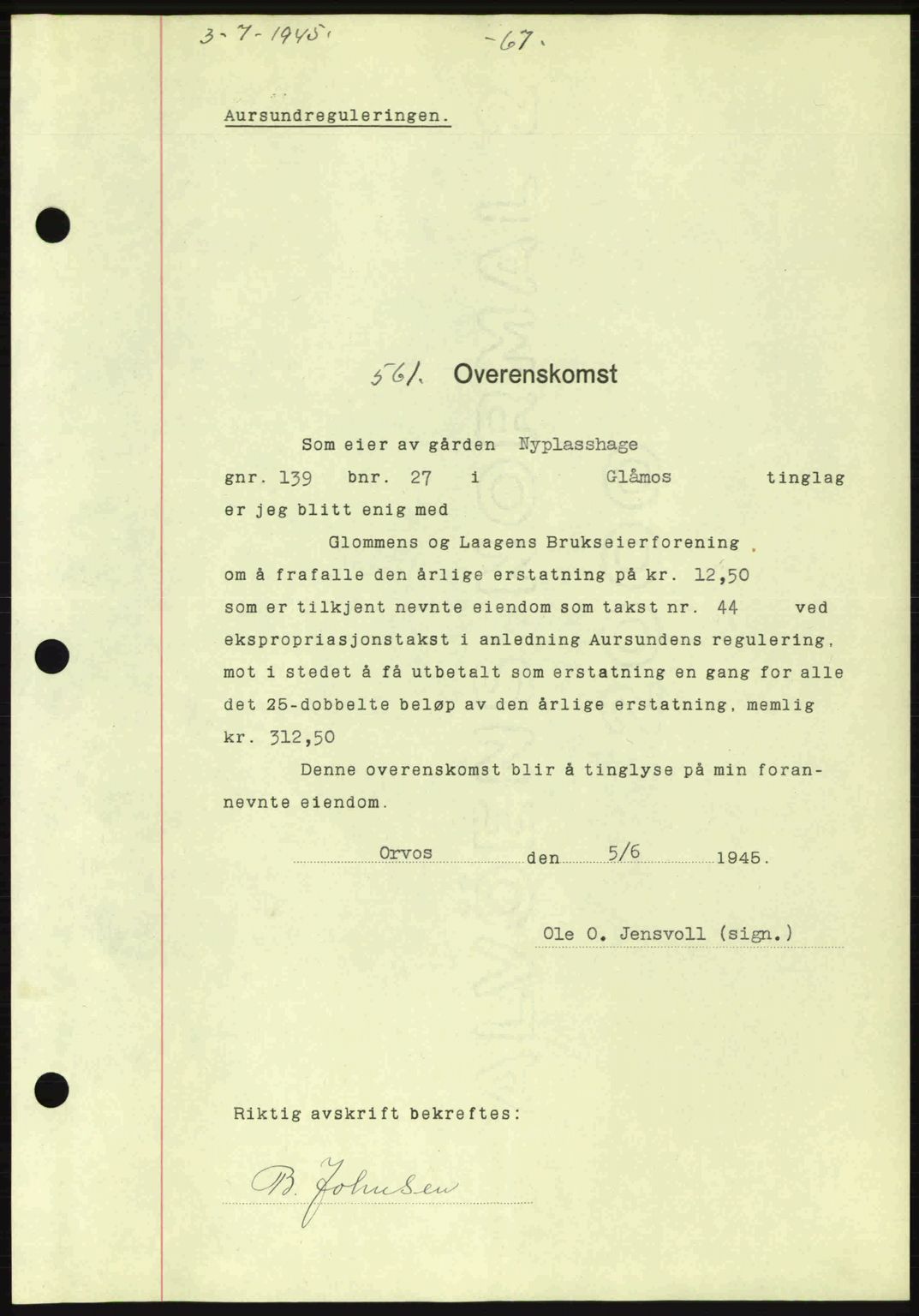 Gauldal sorenskriveri, SAT/A-0014/1/2/2C: Pantebok nr. A1a, 1945-1945, Dagboknr: 561/1945