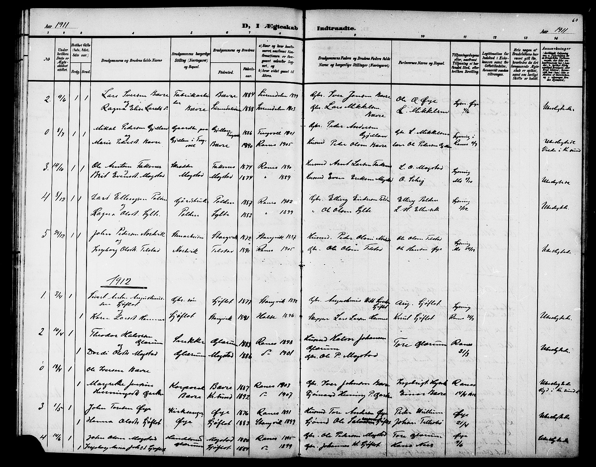 Ministerialprotokoller, klokkerbøker og fødselsregistre - Møre og Romsdal, AV/SAT-A-1454/595/L1053: Klokkerbok nr. 595C05, 1901-1919, s. 60