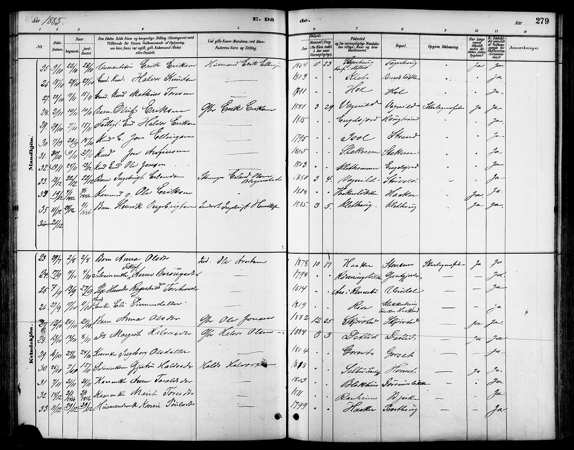 Ministerialprotokoller, klokkerbøker og fødselsregistre - Sør-Trøndelag, AV/SAT-A-1456/678/L0901: Ministerialbok nr. 678A10, 1881-1894, s. 279