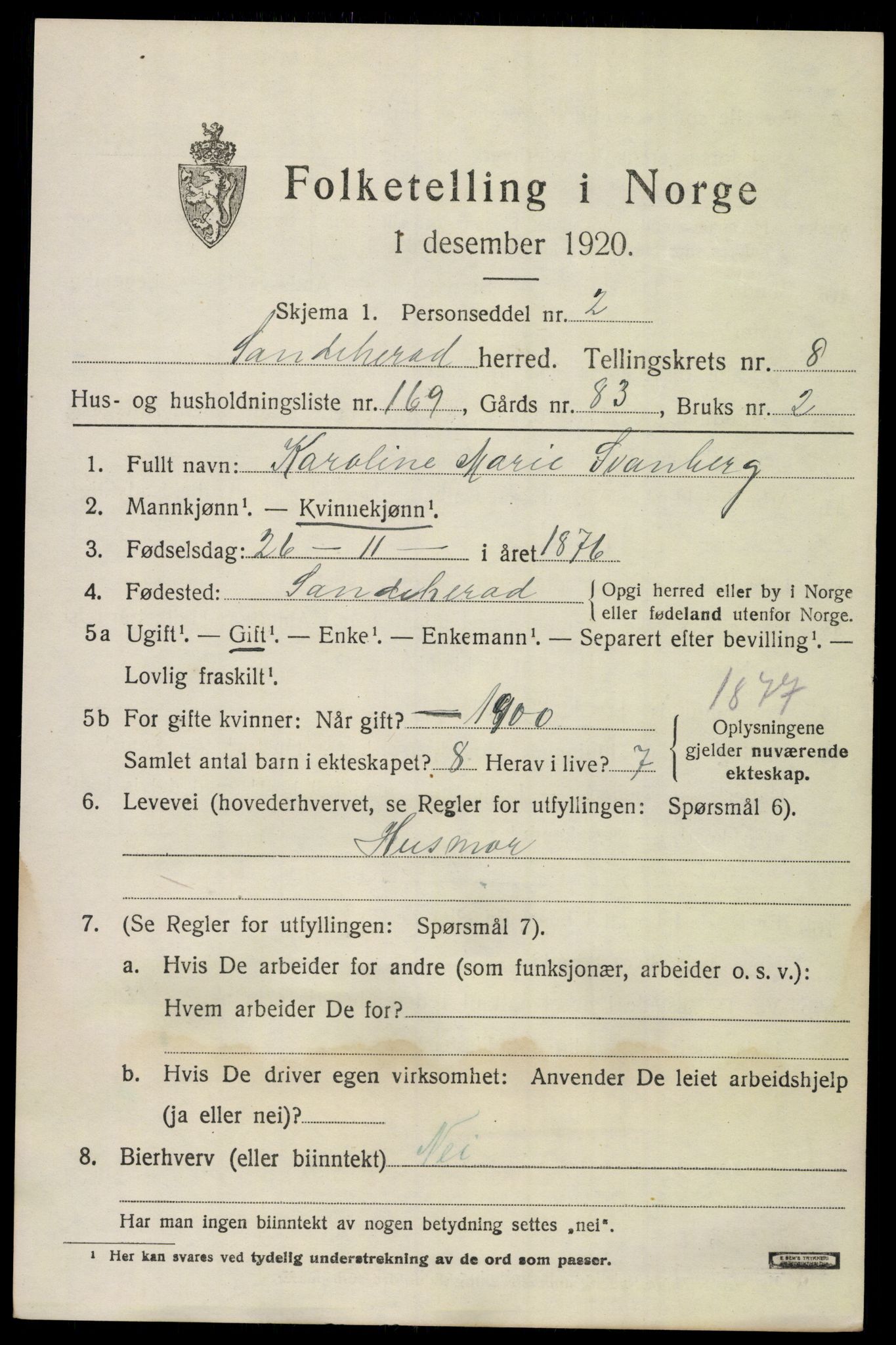 SAKO, Folketelling 1920 for 0724 Sandeherred herred, 1920, s. 14256