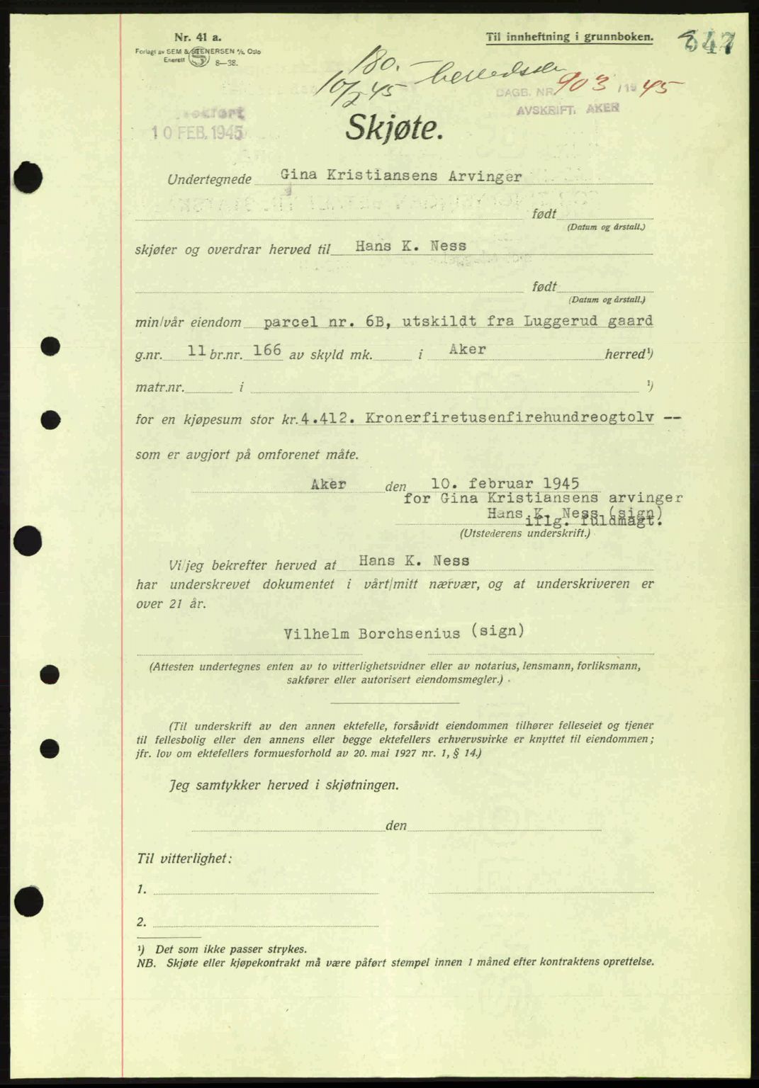 Aker herredsskriveri, SAO/A-10896/G/Gb/Gba/Gbab/L0063: Pantebok nr. A184-185, 1944-1945, Dagboknr: 903/1945