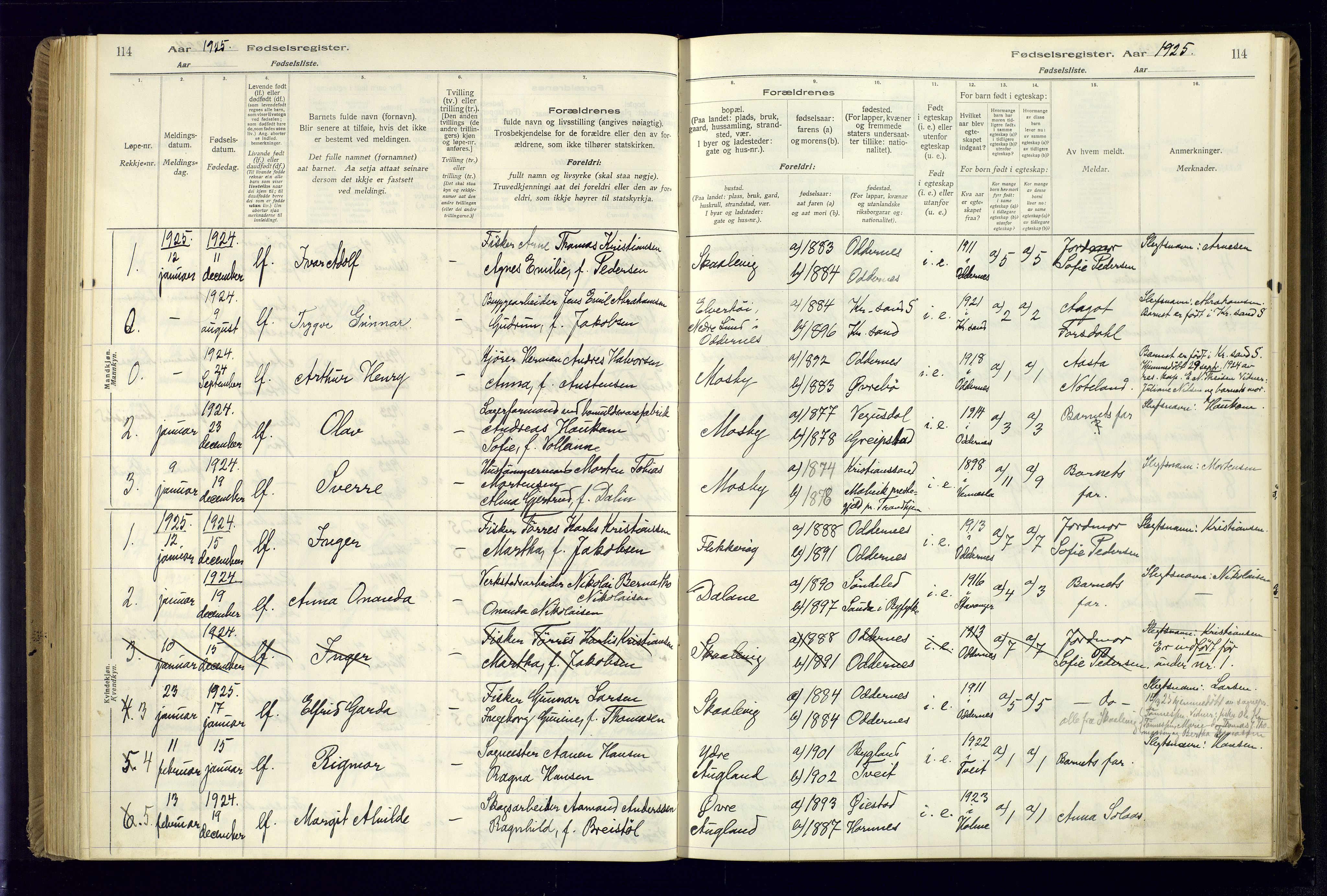 Oddernes sokneprestkontor, AV/SAK-1111-0033/J/Ja/L0001: Fødselsregister nr. 1, 1916-1935, s. 114