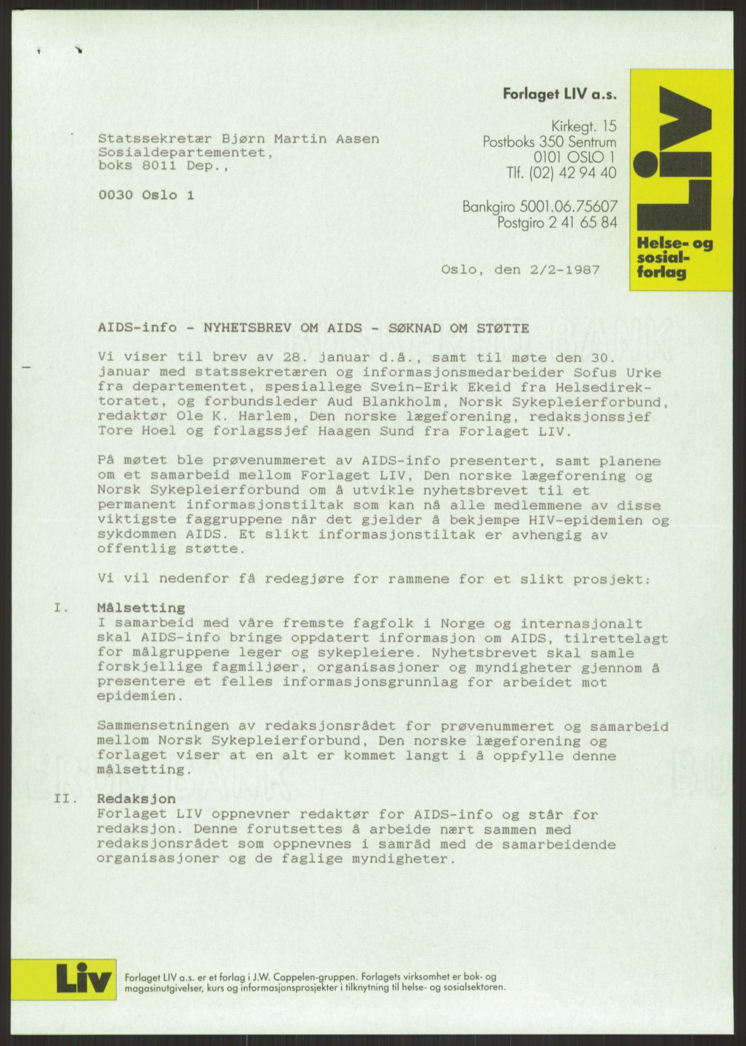 Sosialdepartementet, Administrasjons-, trygde-, plan- og helseavdelingen, AV/RA-S-6179/D/L2240/0003: -- / 619 Diverse. HIV/AIDS, 1986-1987, s. 67