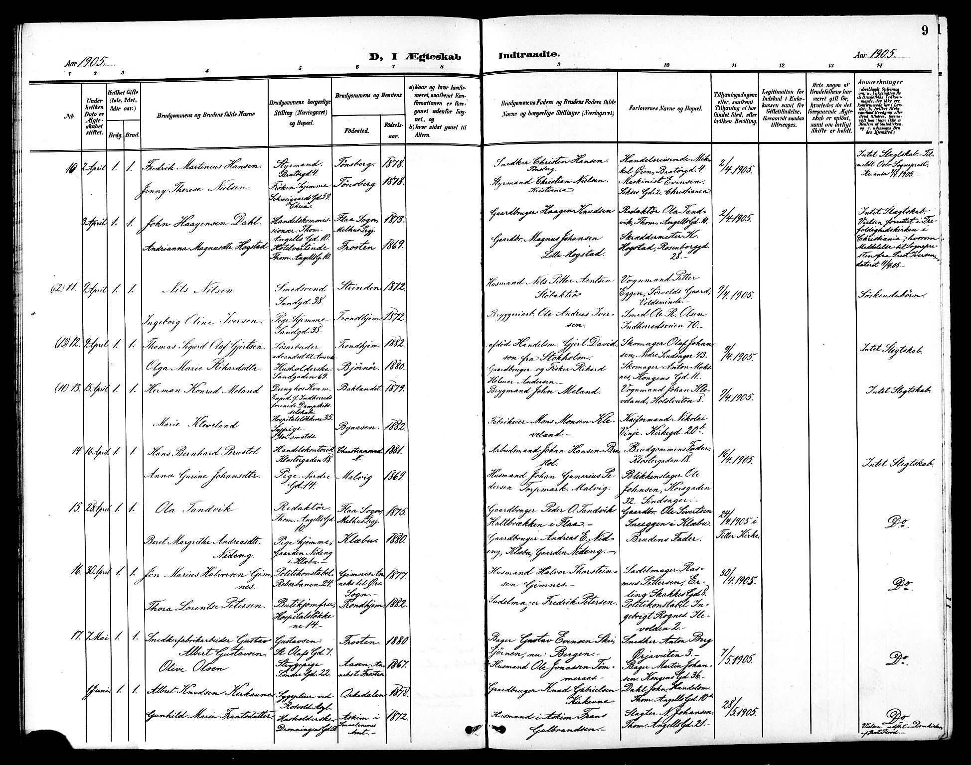 Ministerialprotokoller, klokkerbøker og fødselsregistre - Sør-Trøndelag, SAT/A-1456/602/L0145: Klokkerbok nr. 602C13, 1902-1919, s. 9
