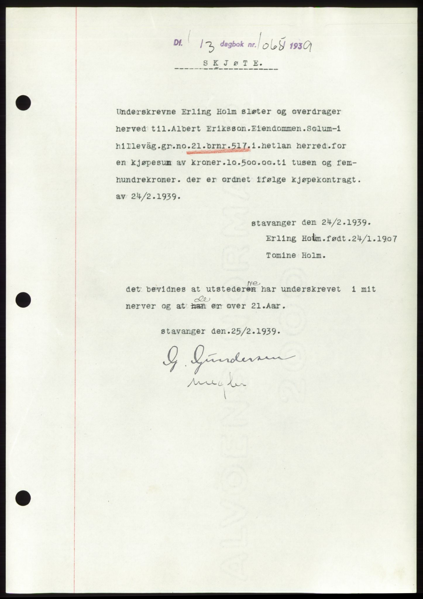 Jæren sorenskriveri, SAST/A-100310/03/G/Gba/L0073: Pantebok, 1939-1939, Dagboknr: 1065/1939